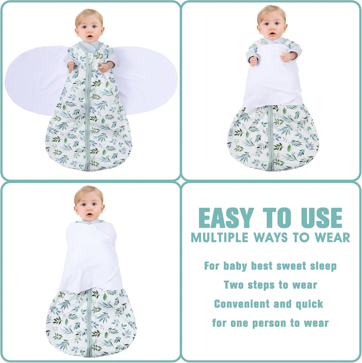 Newborn Sleep Sack Baby Swaddle,6-12 Months,3-Way Adjustable Wearable Blanket,100% Rayon Cotton Swaddling Sleeping Bag，TOG 0.5（Banana&Leaf）