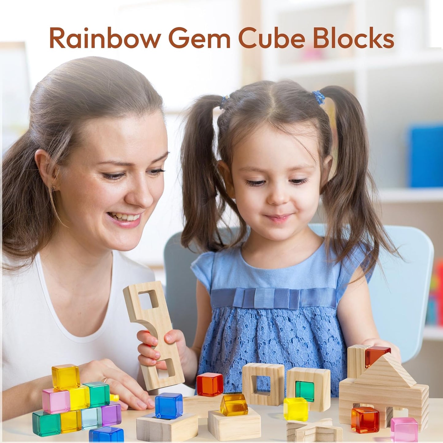 Wooden Rainbow Building Blocks Set for Kids, 22 PCS Wooden Blocks & 25 PCS Gem Cubes Stacking Blocks, Montessori Stacking Toys for Toddlers, Educational STEM Easter Toys for Boys Girls 3-6
