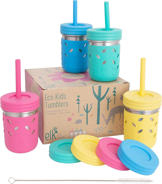 Elk and Friends 10oz Stainless Steel Kids + Toddler Drinking Cups | The Original Mason Jars with Lids + Sleeves + Straws | Smoothie Cups | Spill Resistant | Dishwasher Safe | 4 Pack