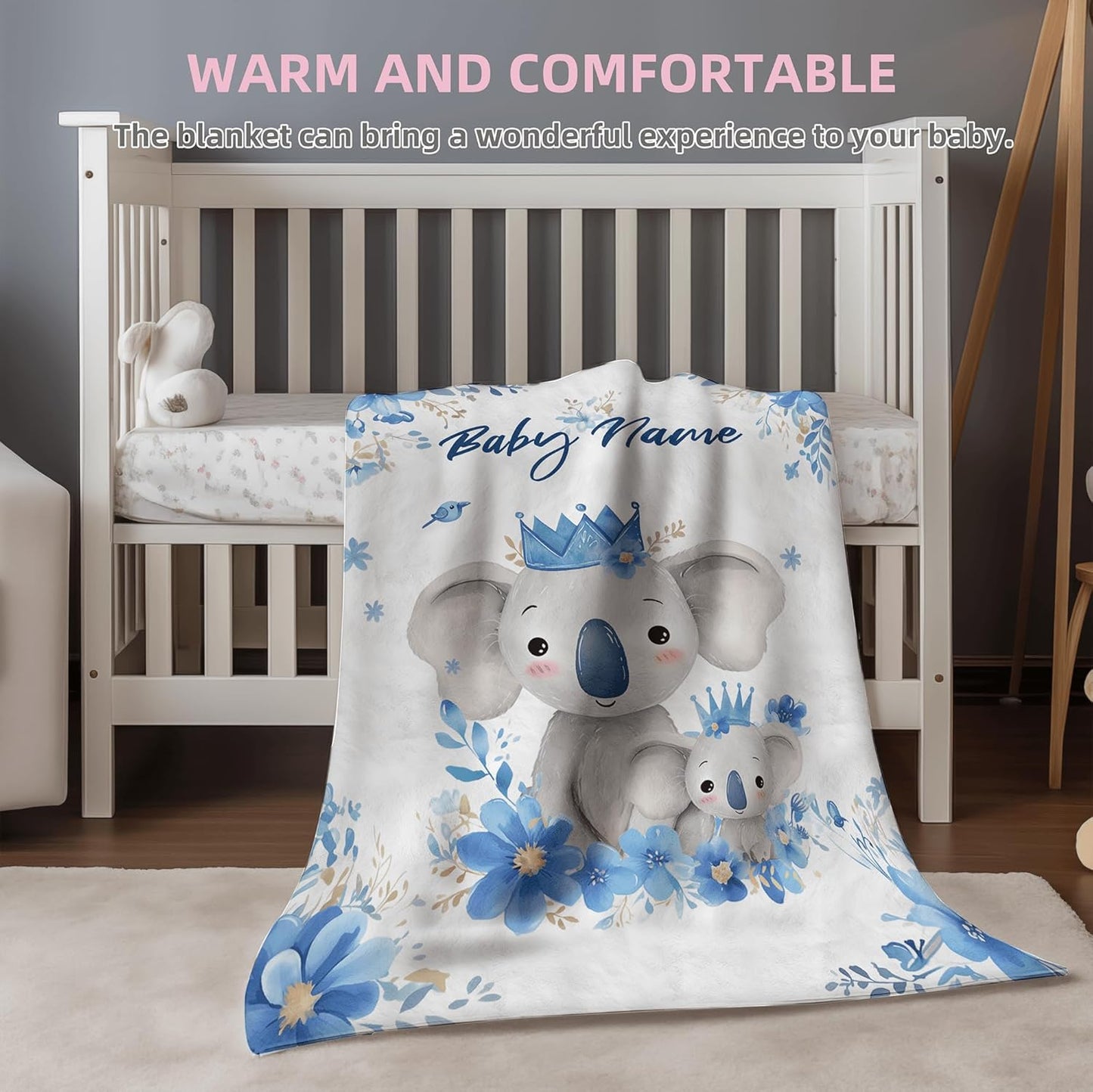 Watercolor Koala Personalized Boy Baby Blanket, Custom Baby Throw Blanket with Name for Newborn Son Daughter Grandson Granddaughter Toddler Birthday Bed Blanket