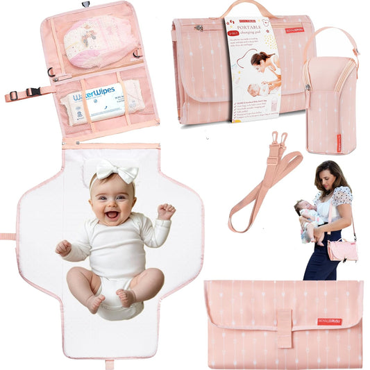 Premium Portable Diaper Changing Pad – CPC Certified Waterproof 2-in-1 Diaper Clutch & Changing Mat with Head Cushion – Bonus Insulated Bottle Bag – Travel Kit Gift for Baby Girls & Boys (Peach)