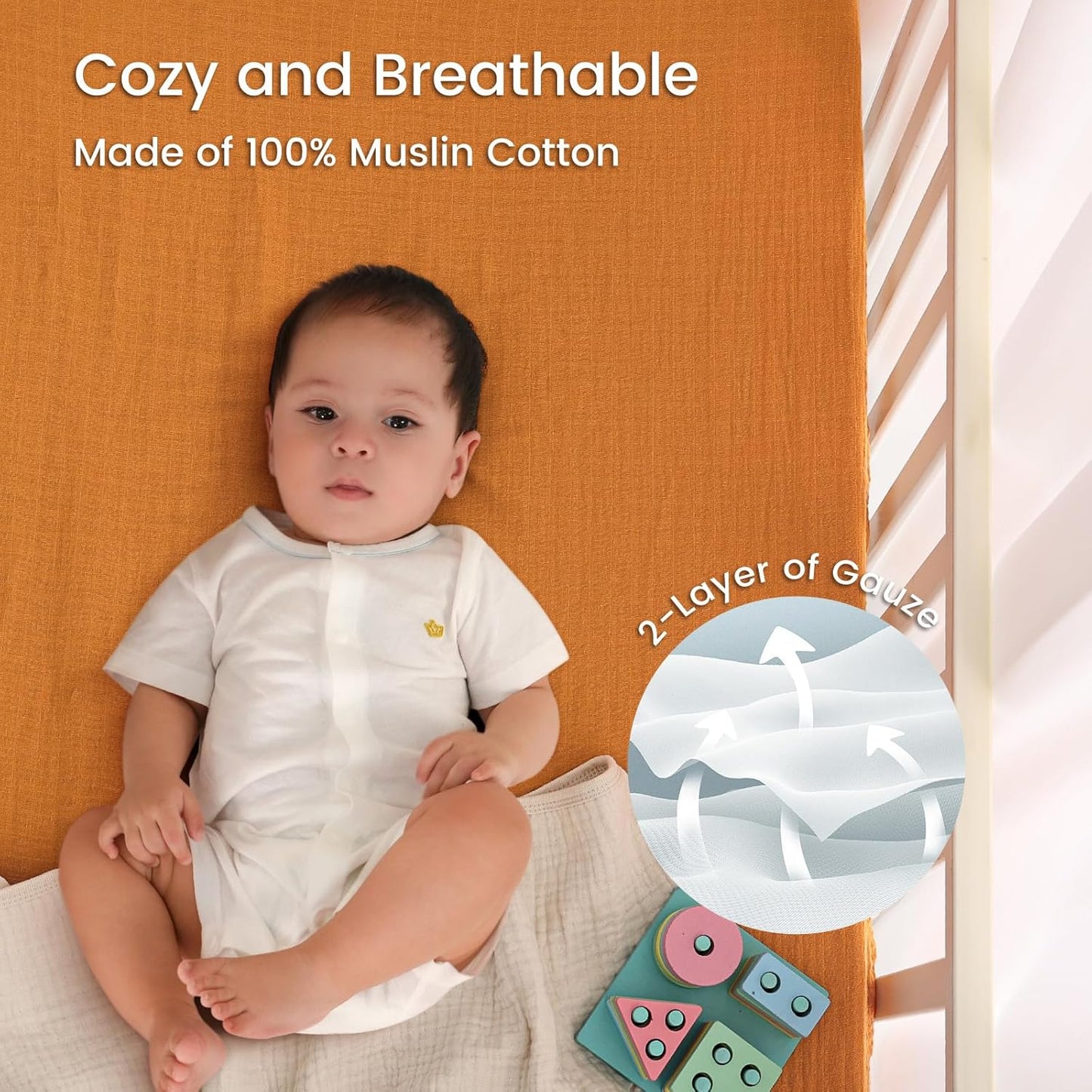 david's kids Muslin Mini Crib Sheets, 2 Pack Cotton Pack N Play Sheets for Boys Girls Neutral, Soft Breathable Baby Sheets Fit Pack N Play, Playard and Mini Crib Mattresses, Beige & Ginger