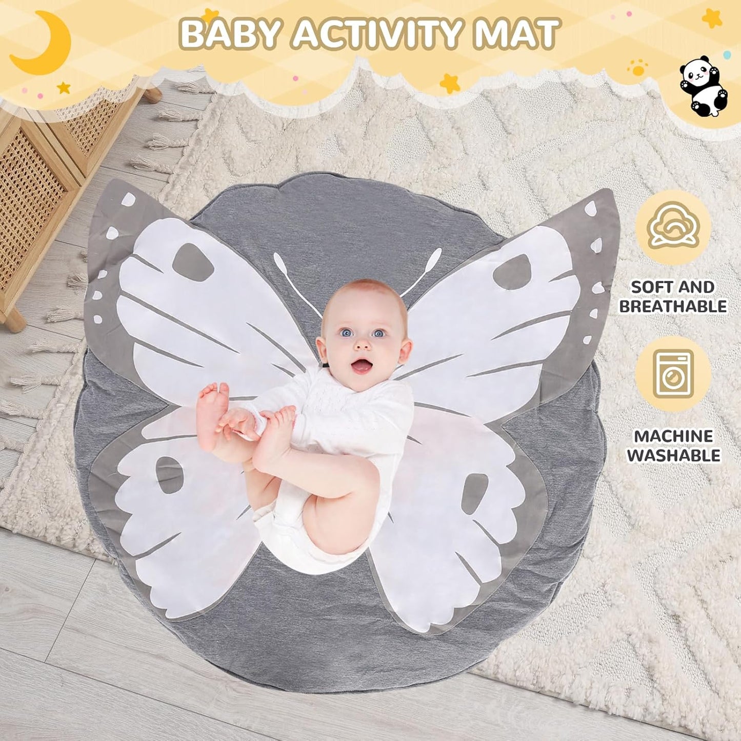 Wooden Baby Play Gym with Mat, Foldable Baby Activity Gyms with 6 Sensory Hanging Panda Toys, Tummy Time Baby Infant Toys (Butterfly)