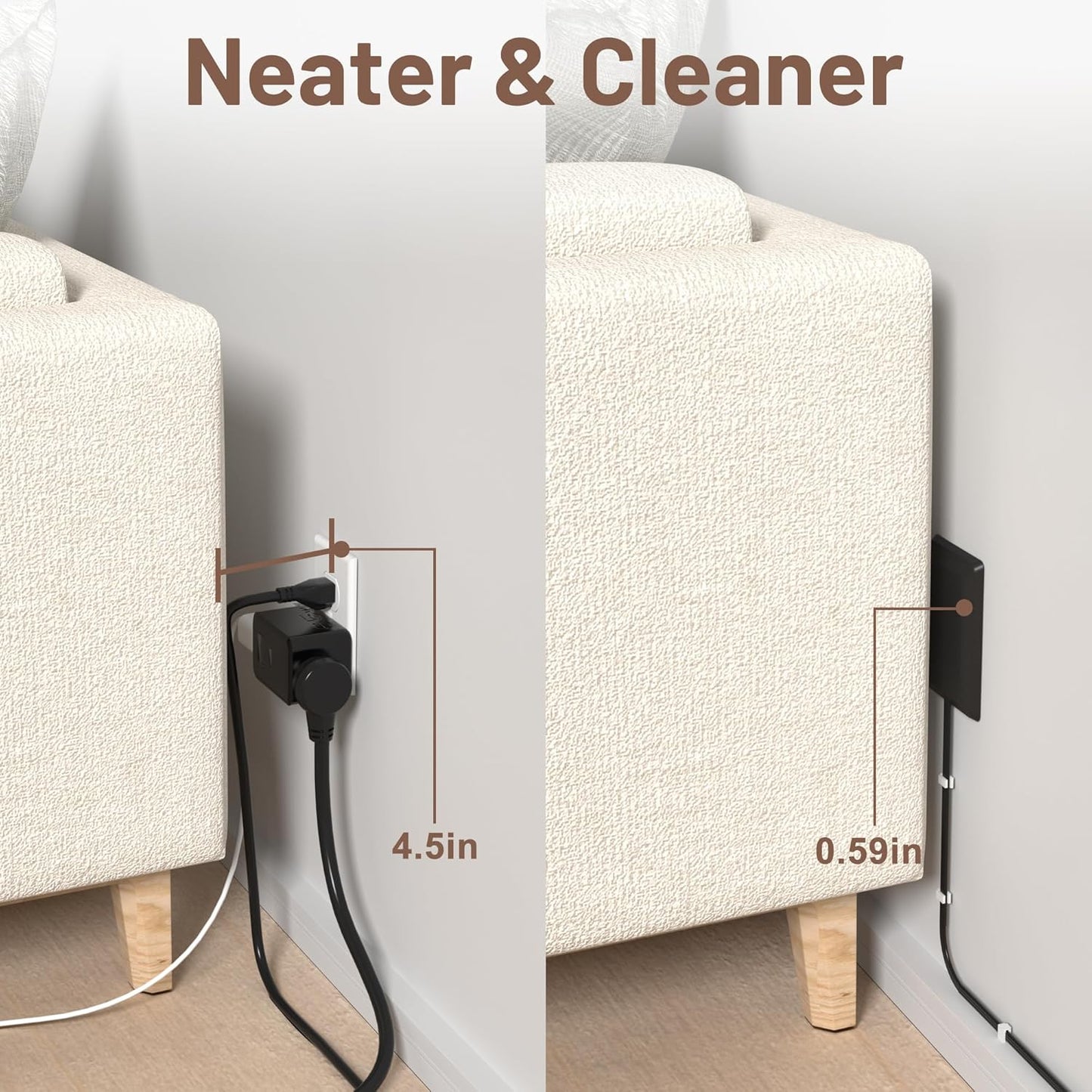 8FT Flat Plug Extension Cord with Cord Concealer Kit,3 Outlet Power Strip,Wall Extension Cord with Flat Plug for Baby Protection,Universal Size for Home,Bathroom with ETL Listed,Black