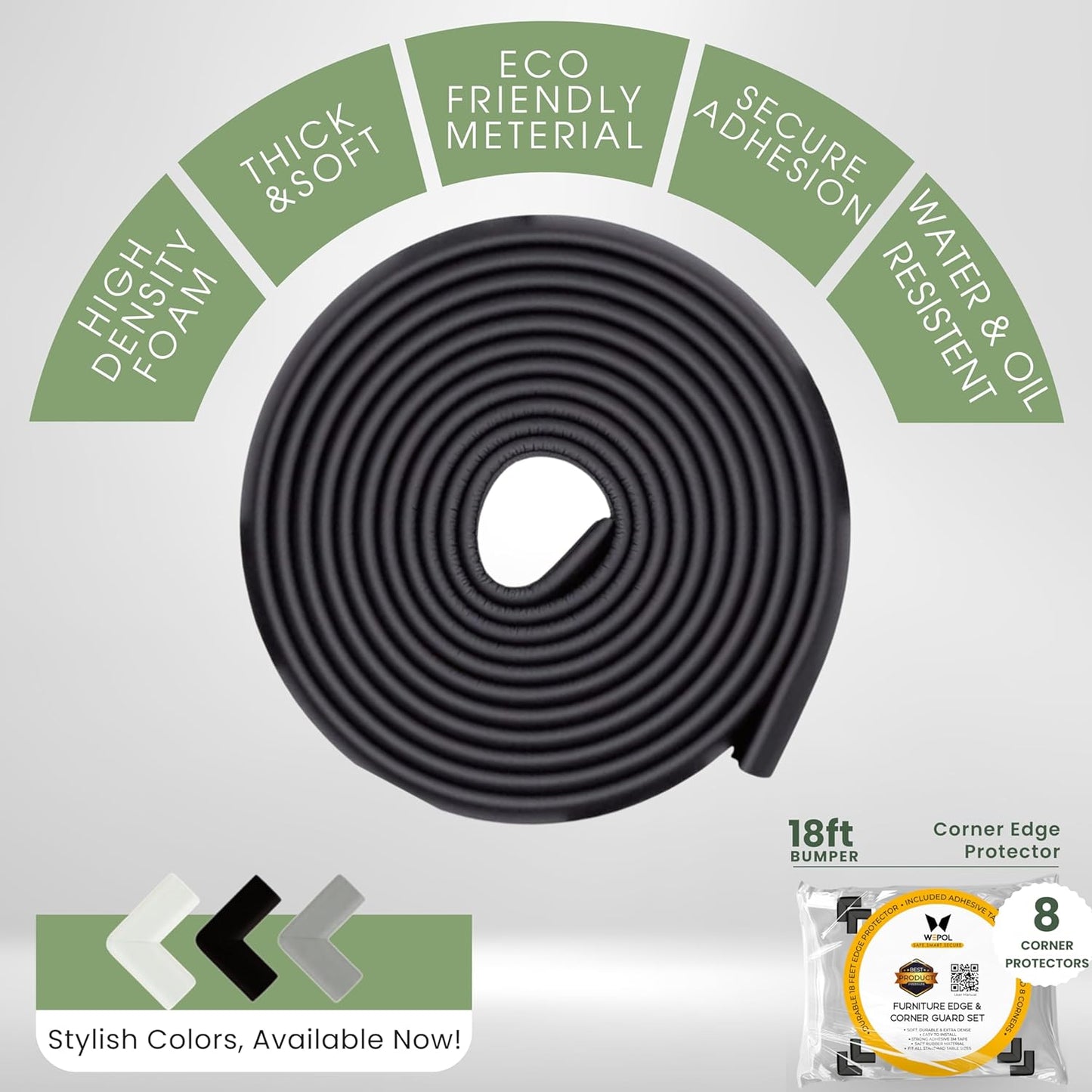 Table Edge Protector for Baby Proofing (18ft Edge+8 Corners) Baby Proof Corners and Edges Guard, Soft NBR Rubber Foam 3M Adhesive, Furniture Corner & Edge Safety Bumpers for Table & Fireplace-Black