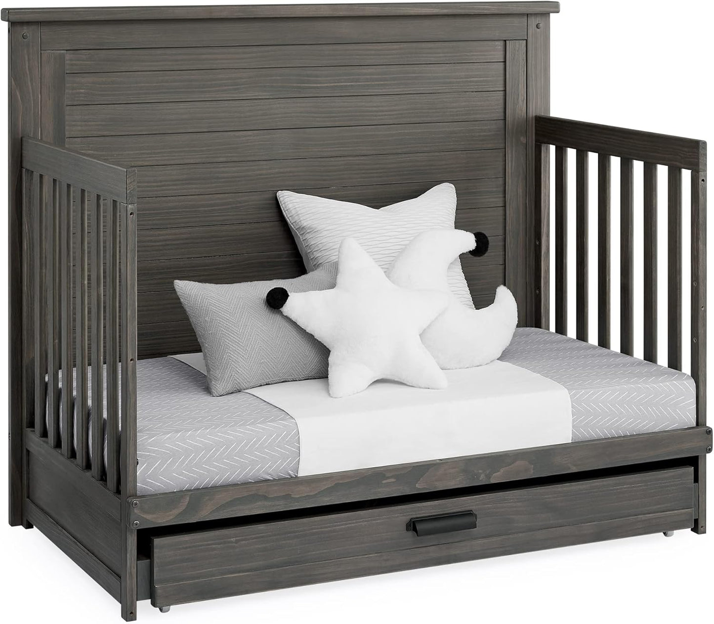 Delta Children Simmons Kids Caden 6-in-1 Convertible Crib with Trundle Drawer, Greenguard Gold Certified, Rustic Grey