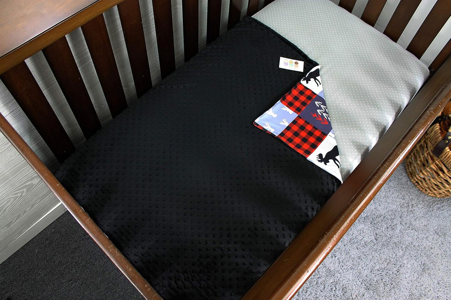 Top Tots Baby Blanket - Minky, Moose, Bear, Deer Heads, Trees and Vines, Red and Black Plaid with White and Gray