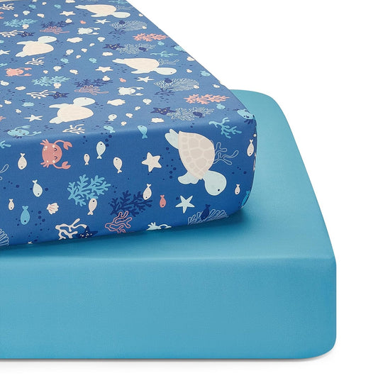 TILLYOU Baby Crib Sheets for Boys Girls, Super Soft Toddler Bed Sheets, 2 Pack Sheets for Standard Crib Mattress 28x52in, Beach Time Turtle and Lake Blue