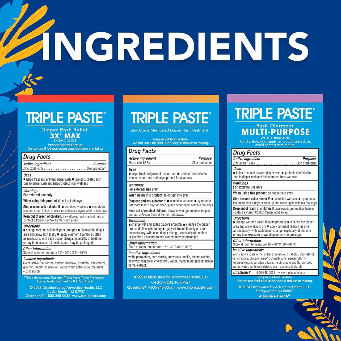 Triple Paste Gift Bundle: Diaper Rash Cream Ointment, 3X Max Strength, Multi-Purpose, 2oz Trio Kit