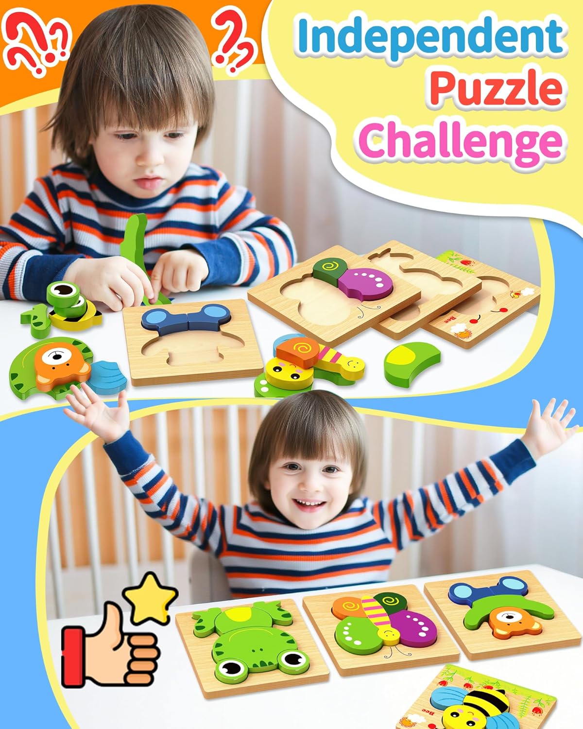 Bekayshad Wooden Puzzles Toddler Toys Gifts for 1 2 3 Year Old Boys Girls, 12 Pack Animal Jigsaw Puzzles Montessori Toys, Learning Educational Birthday Gifts for Girls Boys Ages 1-3