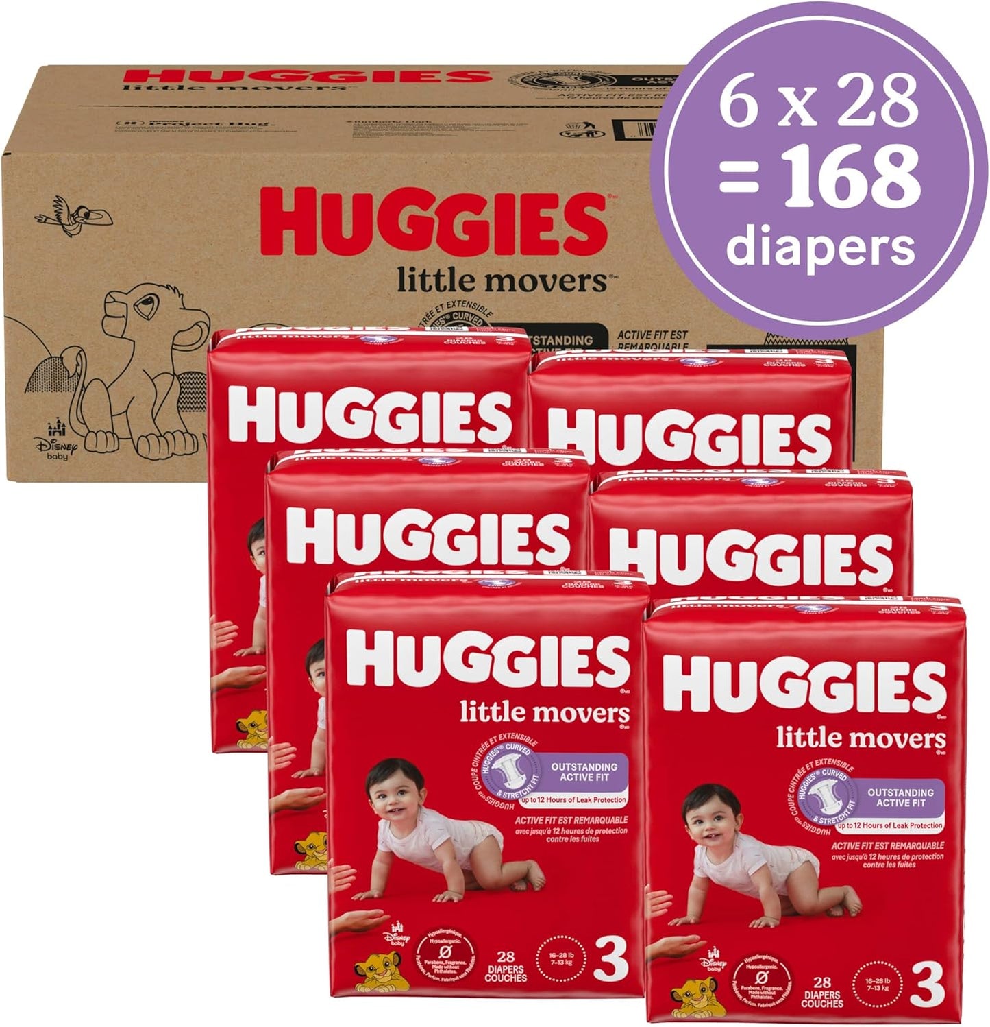 Huggies Size 3 Diapers, Little Movers Baby Diapers, Size 3 (16-28 lbs), 168 Count (6 Packs of 28), Packaging May Vary