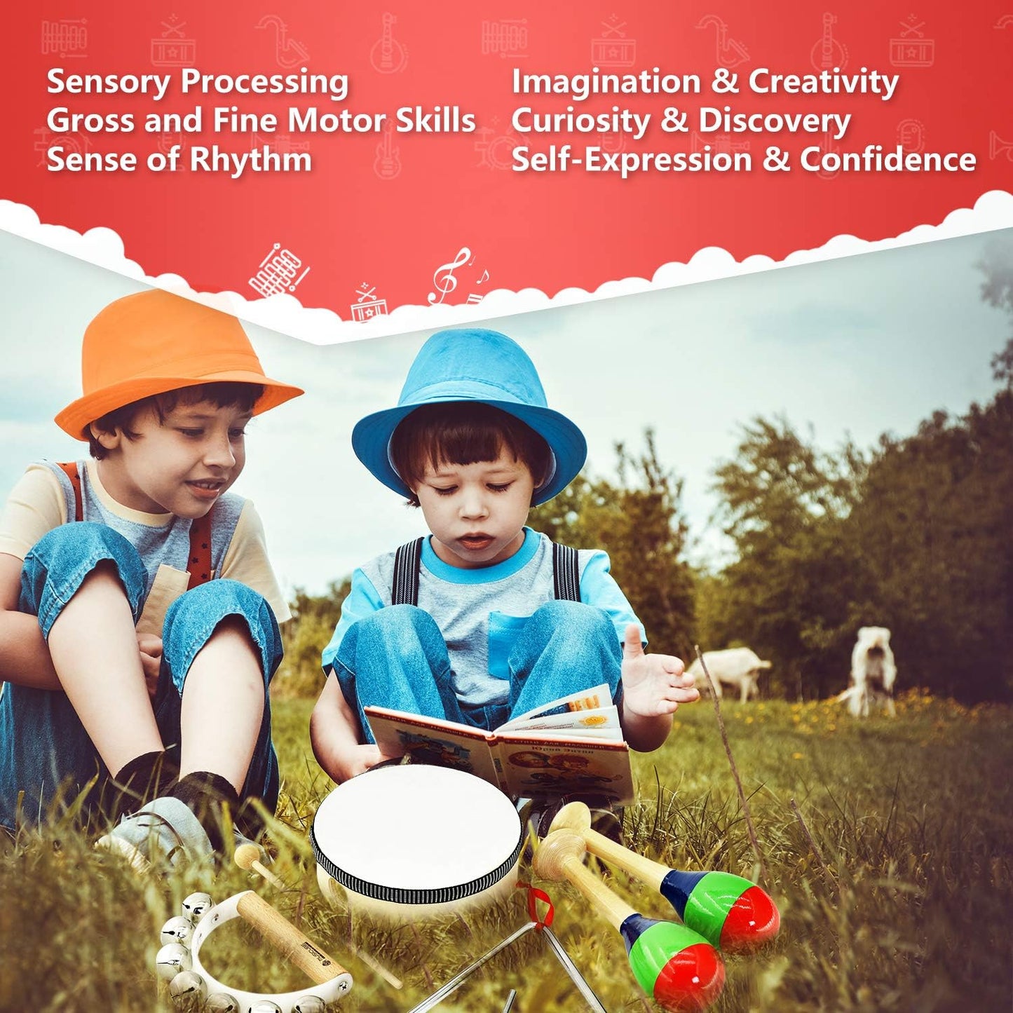 MUSICUBE 7 Pcs Musical Instrument Toys Set for Kids Wooden Percussion Instrument with Hand Drum, Maracas, Triangles, Hand Bell Educational Instrument for Toddler Birthday Gift for Boys Girls Aged 3+