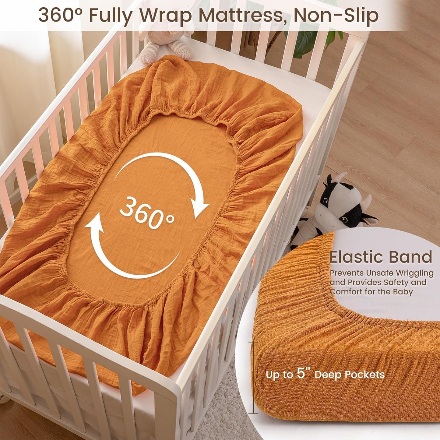 david's kids Muslin Mini Crib Sheets, 2 Pack Cotton Pack N Play Sheets for Boys Girls Neutral, Soft Breathable Baby Sheets Fit Pack N Play, Playard and Mini Crib Mattresses, Beige & Ginger