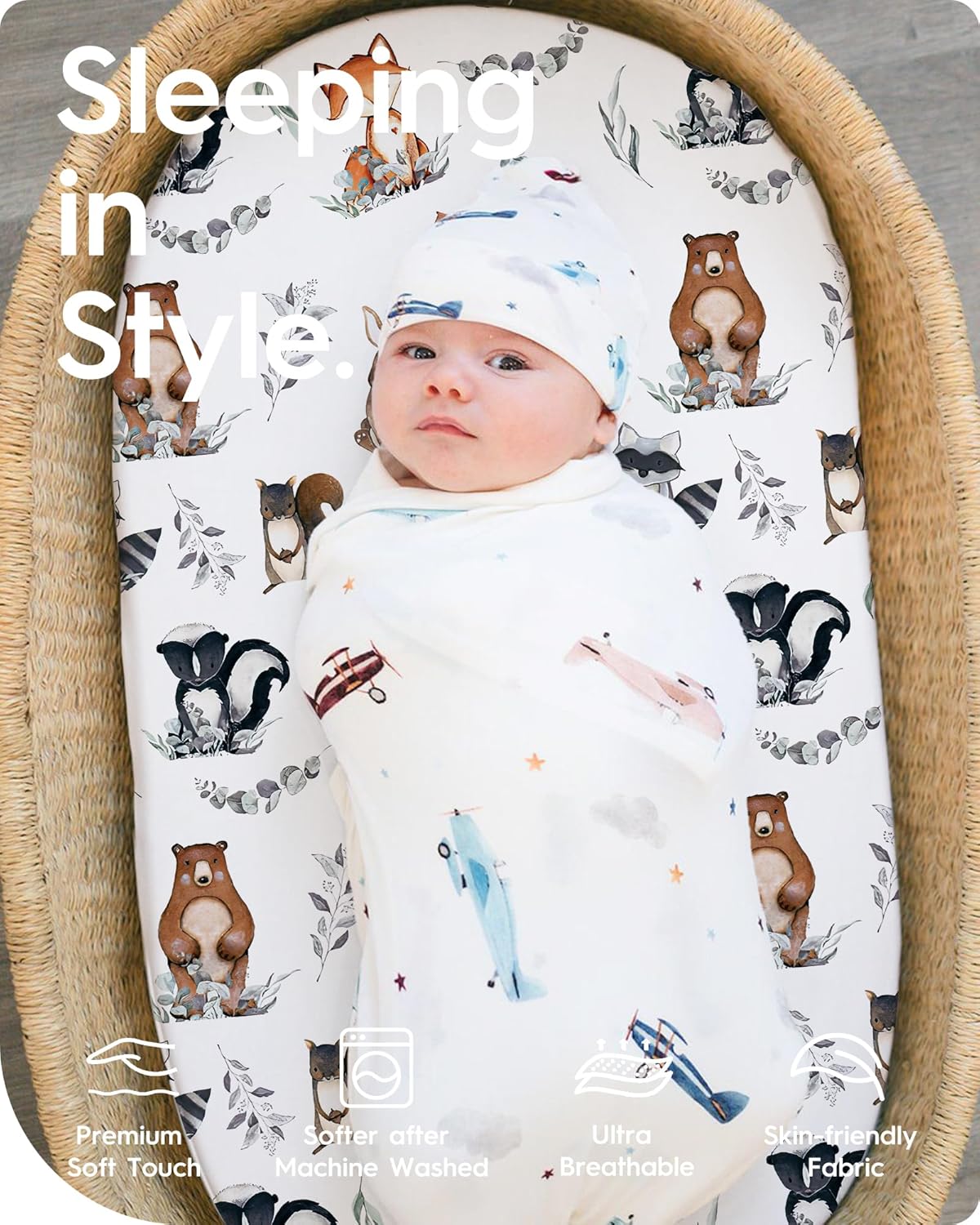 Bassinet Sheets for Baby Boy Girl, TotBasic Buttery Soft Universal Bassinet Fitted Sheet, Compatible with Halo, Mika Micky, Baby Delight, Dream On Me, Maxi COSI and More Bassinet Mattress(Bear&Deer)