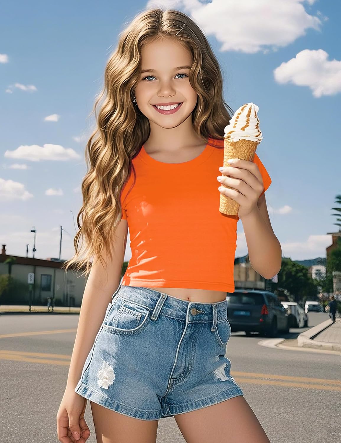 Auranso Girls Crop Tops Summer Short Sleeve Round Neck T Shirts Basic Tee for Kids