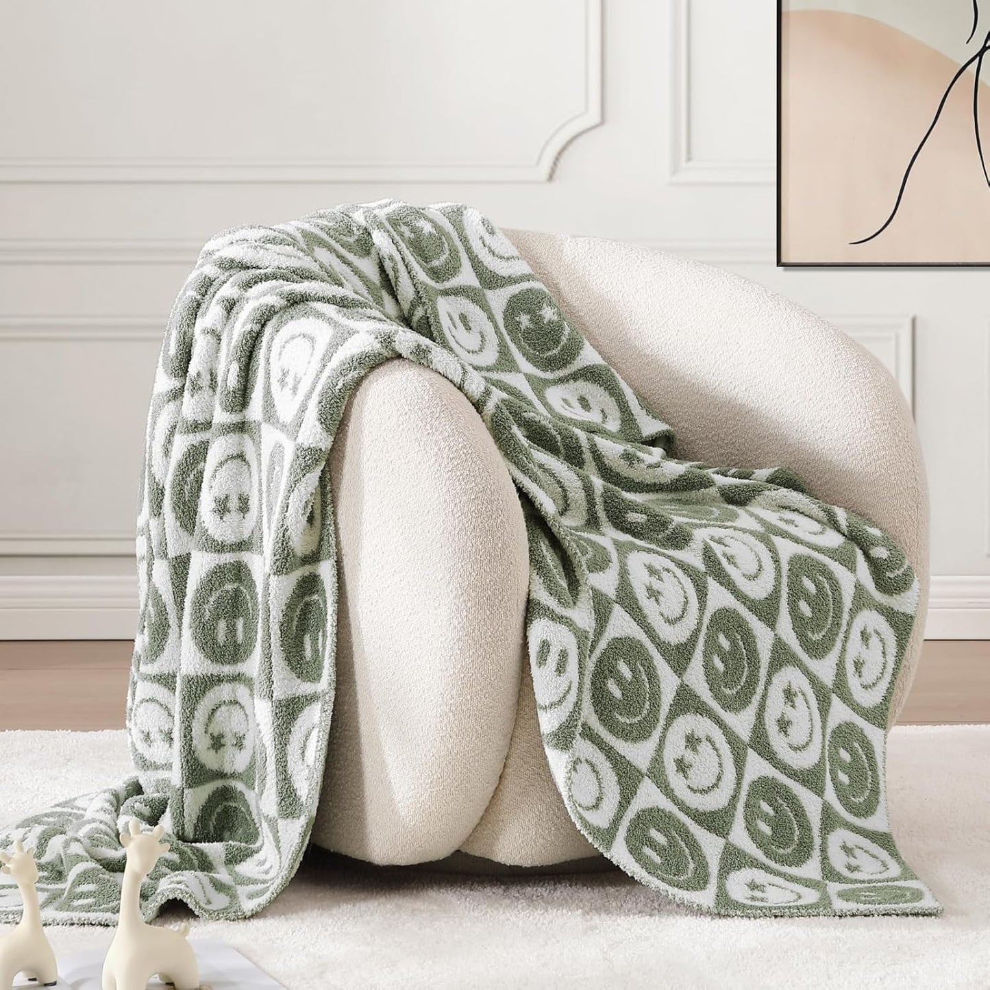 WRENSONGE Checkered Throw Blanket Seagrass Smiling Face Soft Cozy Fluffy Warm Hand Made Weave Throw Blankets for Couch, Sofa, Chair, Bed, Camping, Picnic, Travel Lightweight Bed Blanket - 60"*80"