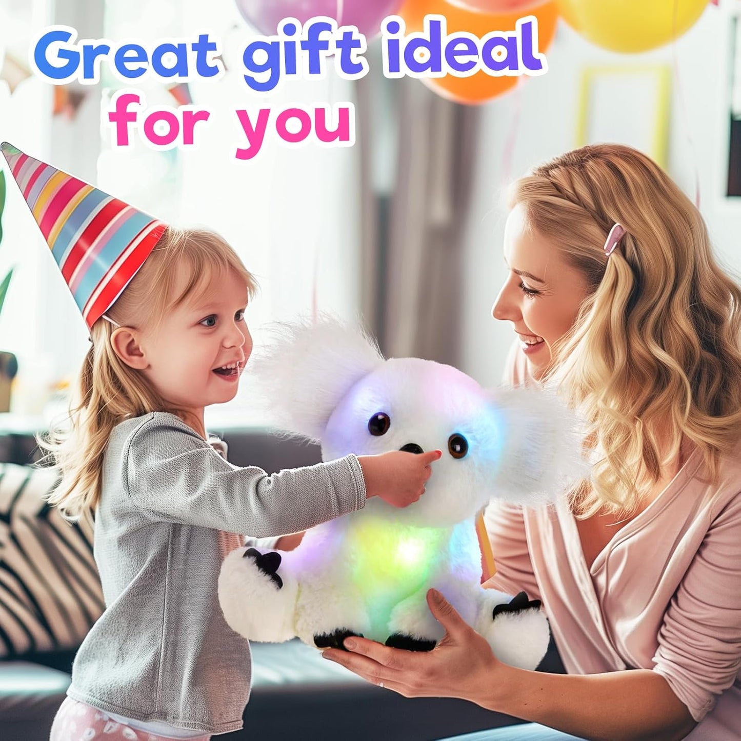 Glow Guards 10'' Light up White Koala Stuffed Animal LED Soft Plush Wildlife Toy with Rainbow Night Lights Ideal Birthday Children's Day for Toddler Kids