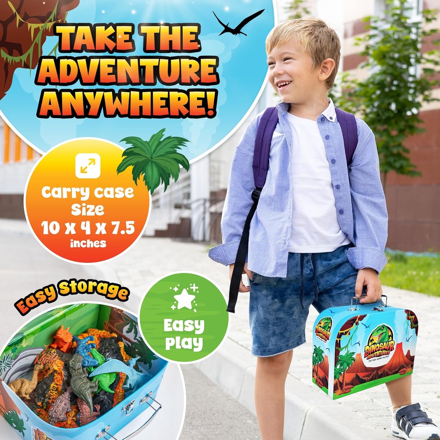 Dinosaurs Carry Case Set - with Play Scenery Inside, 8 Dinosaur Figures & 2 Volcanic Landscape | Toddler Toys for Kids 3-5