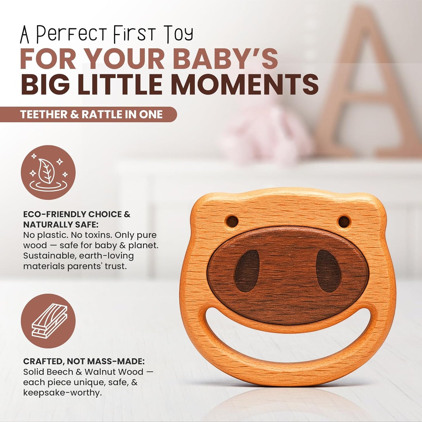 100% Wooden Baby Toy | No Paint, No Plastic | Eco-Friendly Rattle for 0–6 Months