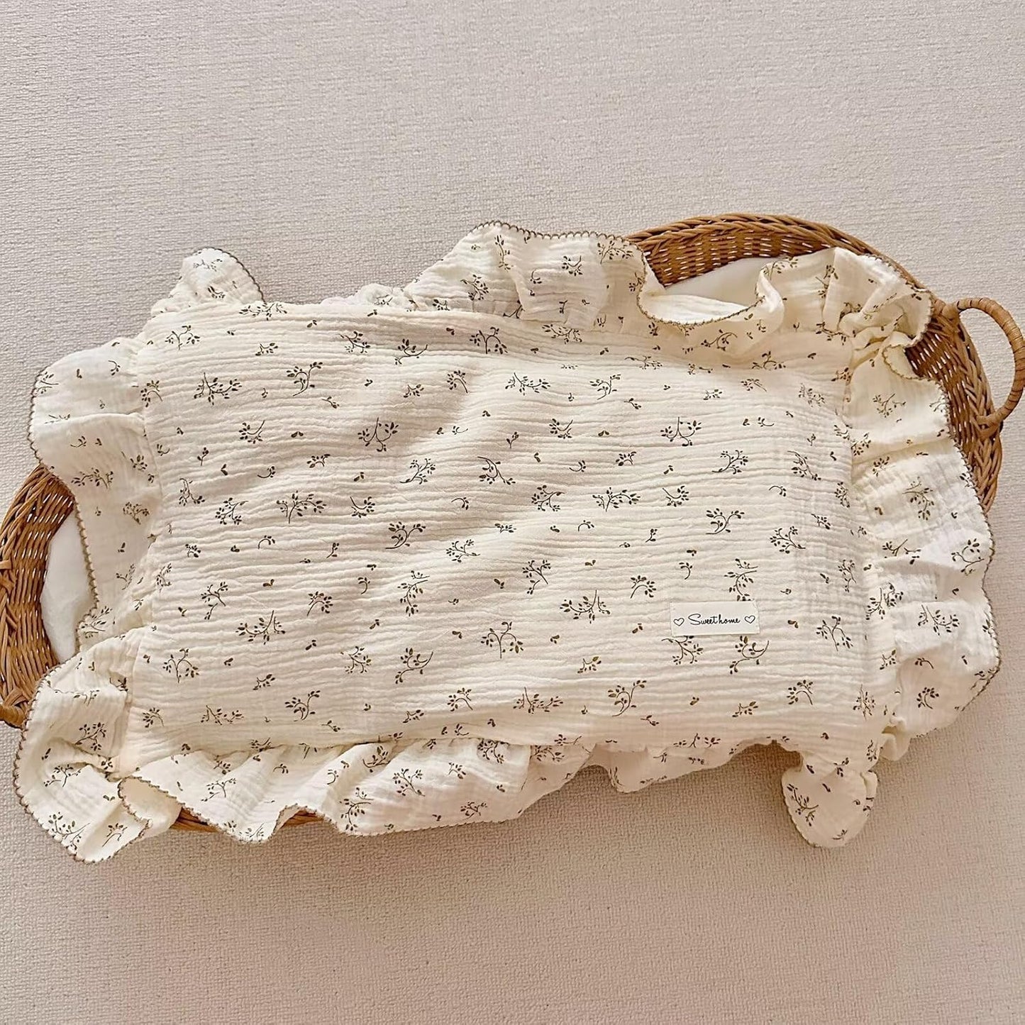 BuLuTu Olive Pattern Toddler Pillowcases Cotton Muslin Kids Pillow Case 14"x20", Soft Breathable Girls Boys Pillow Cover with Ruffle Edges, Envelop Closure, Children Bedding Decor