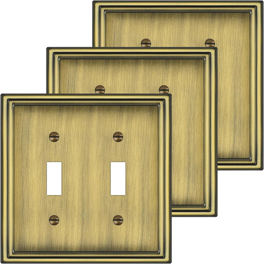 Double Toggle Light Switch Covers Plate, Metal Material 2 Gang Wall Plates for Double Light Switch, Antique Brass Decorative Switch Plate Cover - Classic Style, 3 Pack