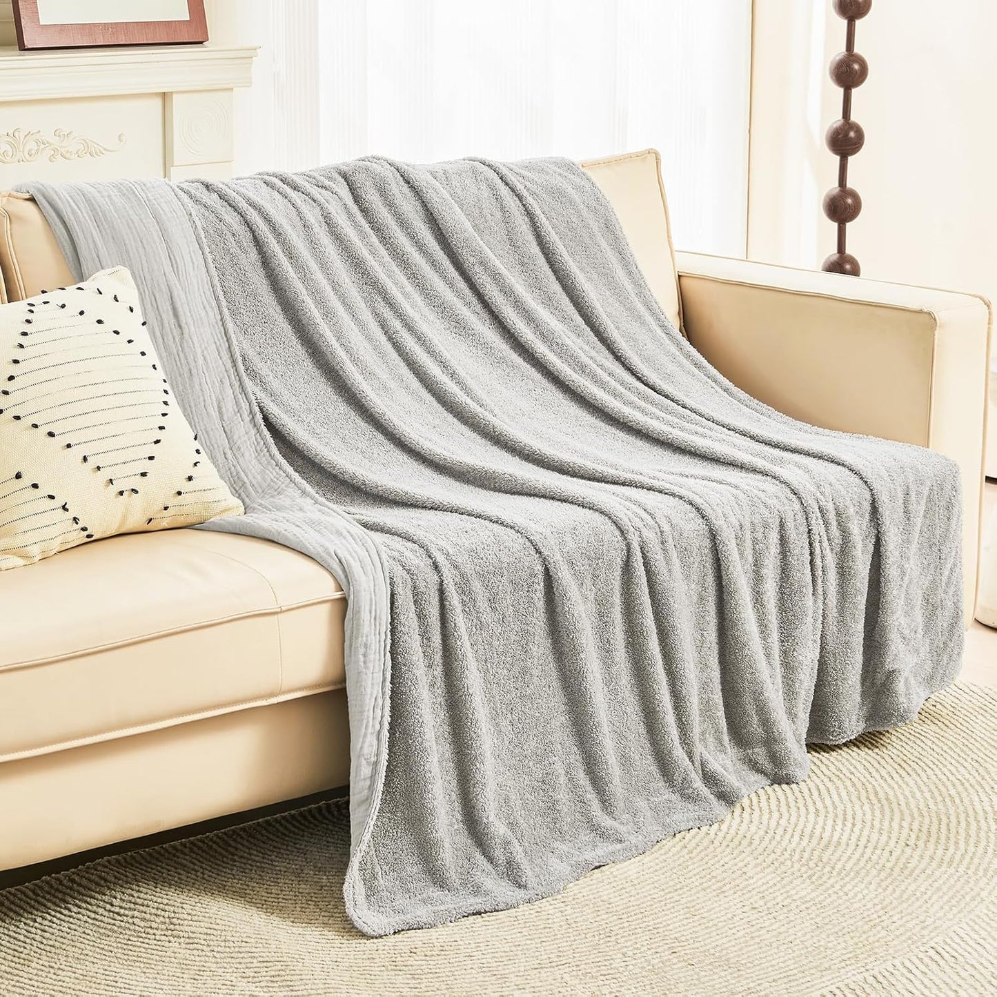 EMME Muslin and Fleece Twin Blanket Reversible - 60"*80" Grey Soft Warm Throw Blankets for Couch Bed Picnic Travel Bed