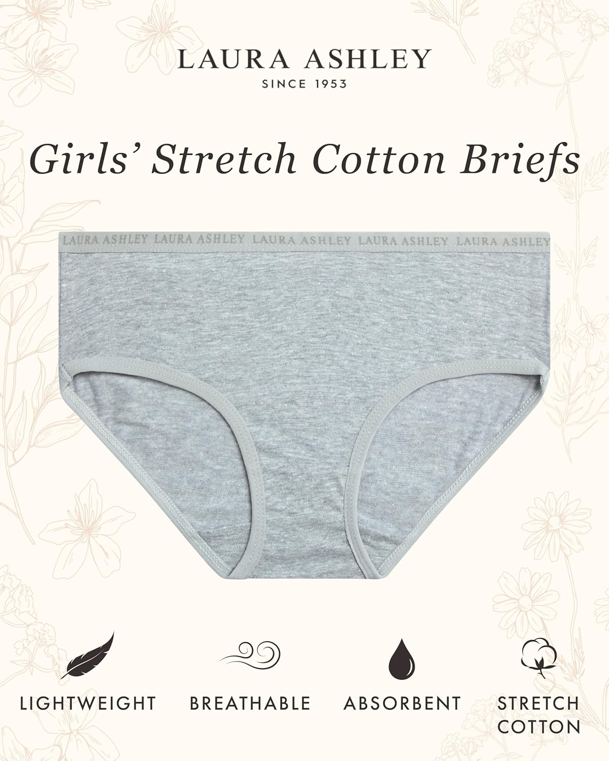 Laura Ashley Girls Underwear - 5 Pack Soft Stretch Breathable Panties for Girls - Lightweight Cotton Panties (Size: 4-12)