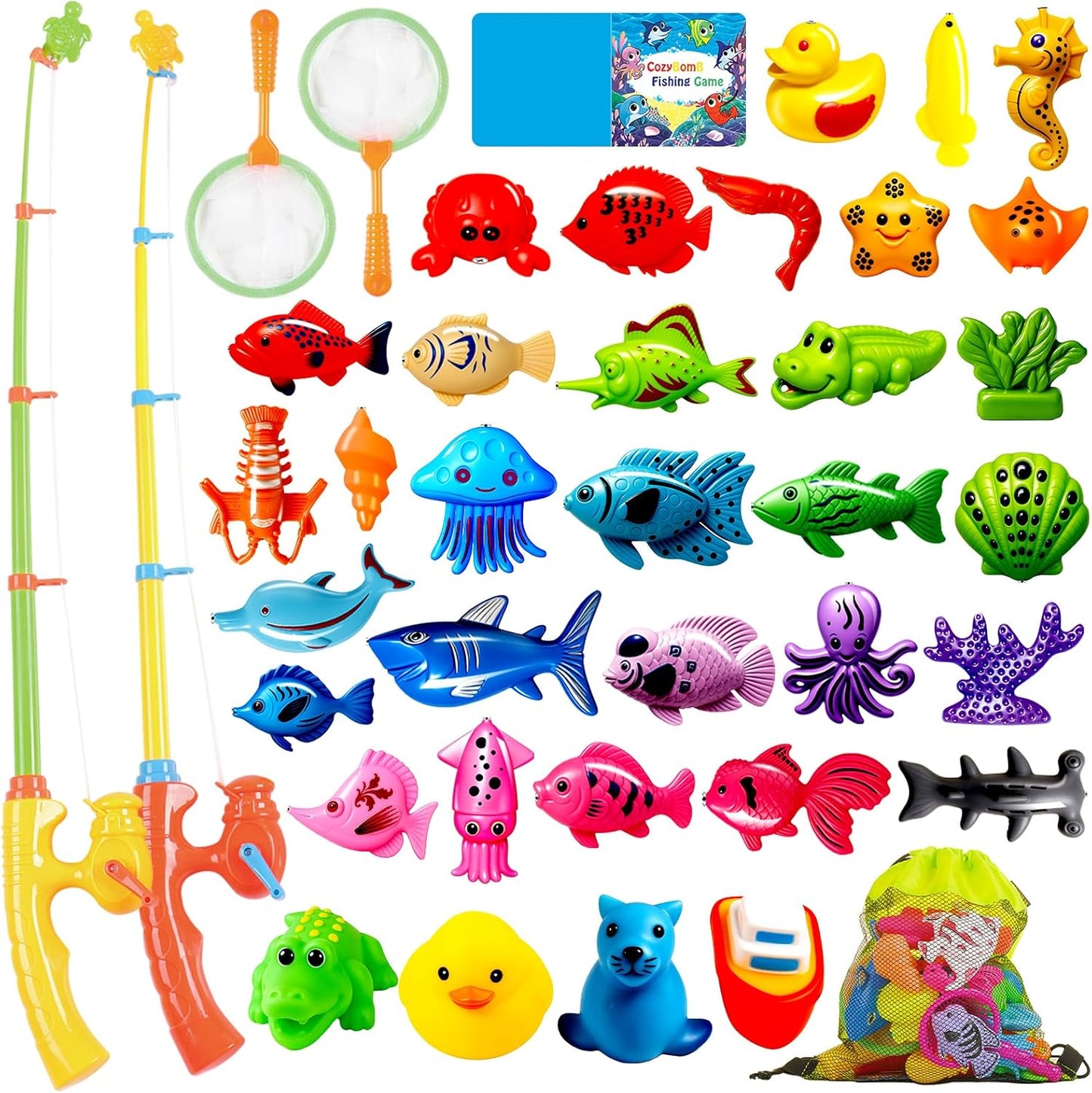CozyBomB™ Magnetic Fishing Toys Game Set for Kids | Water Table Bathtub Kiddie Pool Party & Pole Rod Net, Plastic Floating Fish Toddler Color Ocean Sea Animals Birthday Age 3 4 5 6 Year