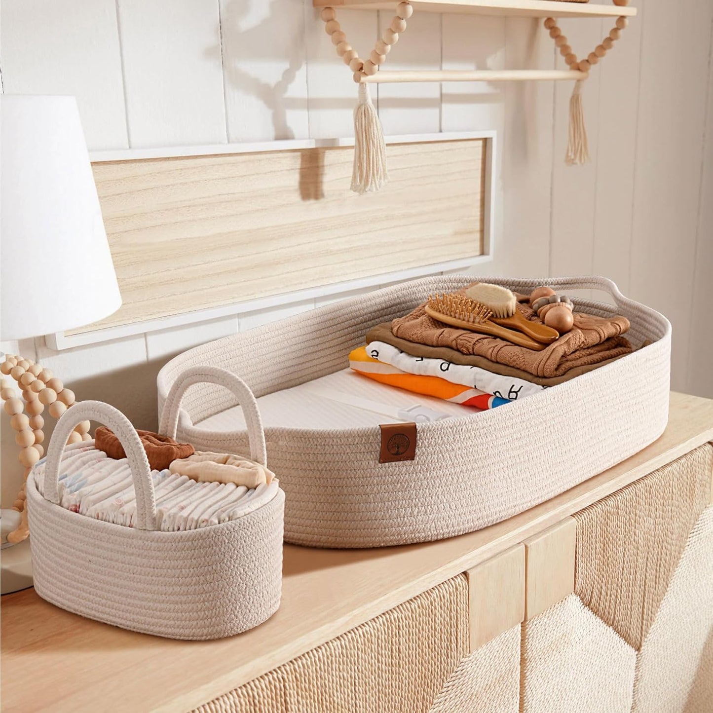 Baby Changing Basket Includes Diaper Caddy - Breathable & Waterproof Dual-Cover, Portable, Changing Pad for Dresser & Changing Table, Gift for Baby Shower (Light Cream, Diaper Caddy Set)