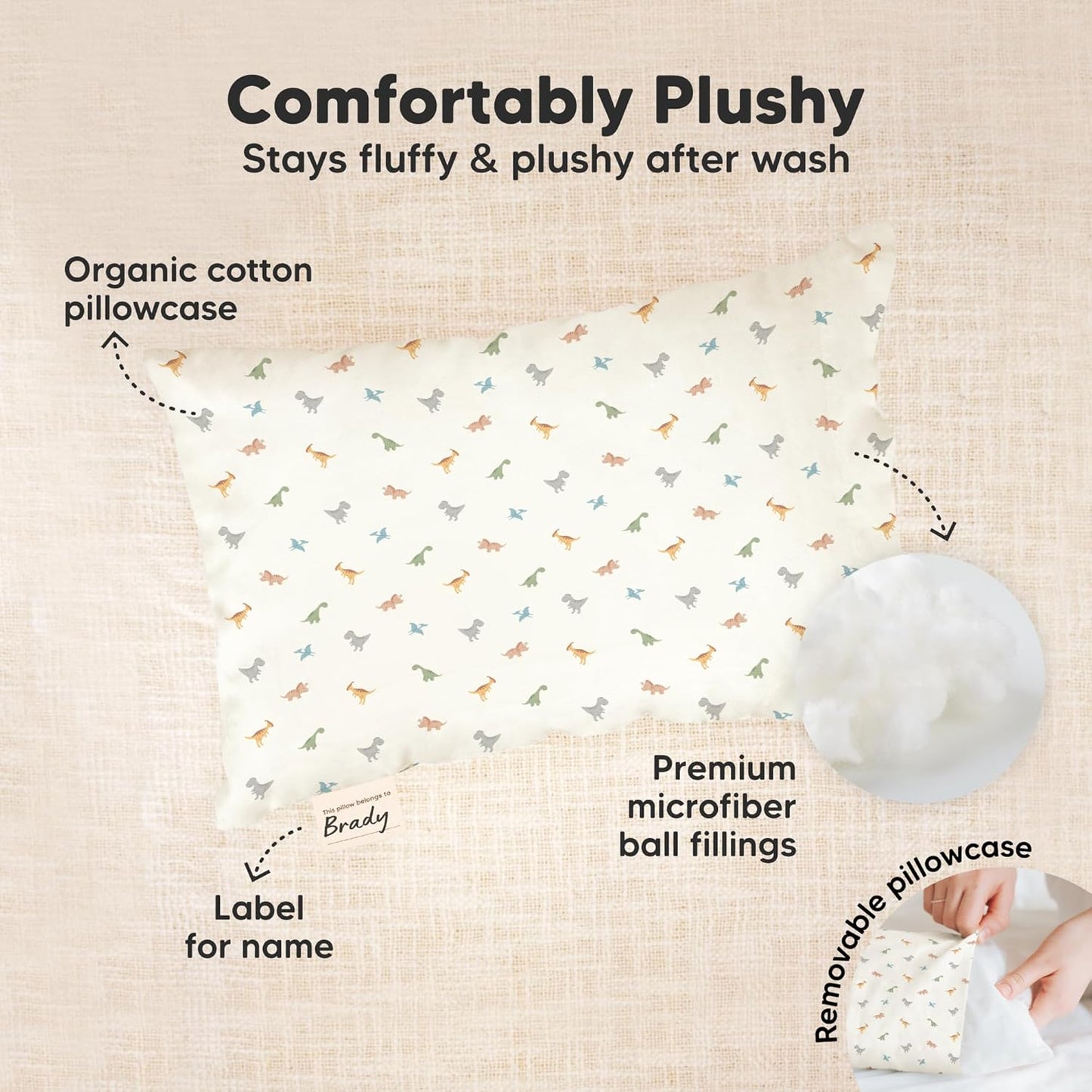 Mini Toddler Pillow with Pillowcase - 9x13 My Little Dreamy Travel Kids Pillow for Sleeping, Toddler Bed, Small, Tiny, Organic Cotton Pillowcase, Soft & Breathable, Kids 2-4 Years Old (Jolly Rainbow)