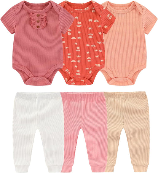 Baby Bodysuit and Pant Set 6-pcs Ribbed Soft Infant Boy Girl Clothes Outfits