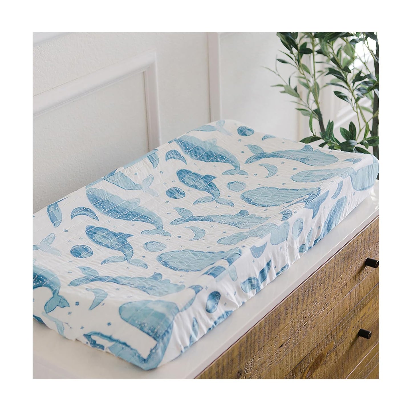 Crane Baby Quilted Changing Pad Cover with Animal Print, Breathable Cotton Sateen, Fits Standard 16”X32” Pads, Ocean Whale Blue