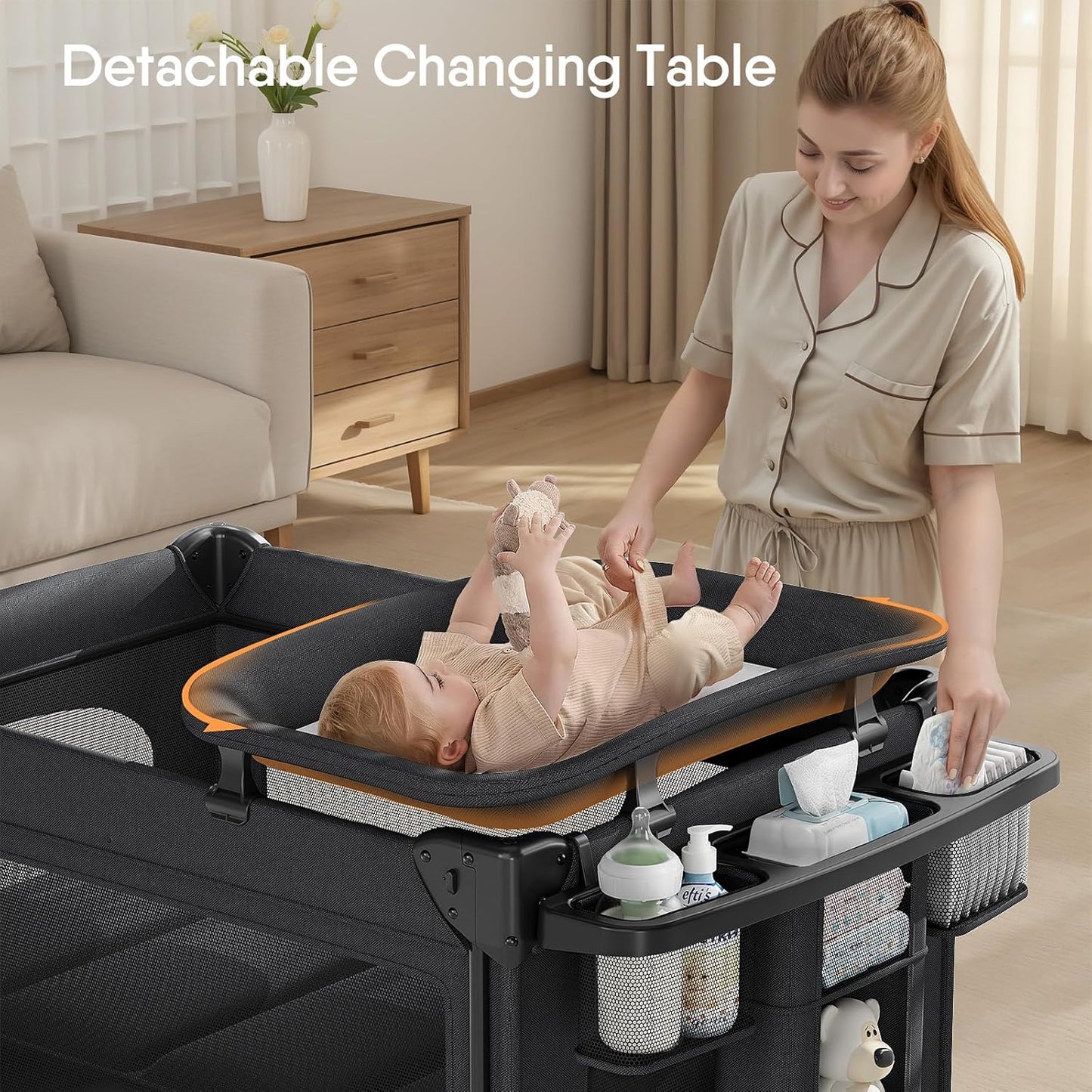 4 in 1 Baby Bassinet, Pack and Play, Bedside Crib Sleeper, Diaper Changer, Quickly Assembled and Folded Portable Crib with Mattress and Mosquito Net, Easy to Carry