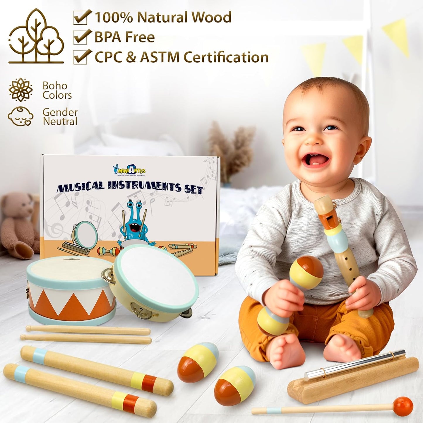 MINIARTIS Toddler Musical Instruments - Montessori Wooden Musical Toys for Toddlers 1-3 | Modern Boho Baby Drum Set with Neutral Colors Percussion Instruments | Kids Preschool Educational 3+