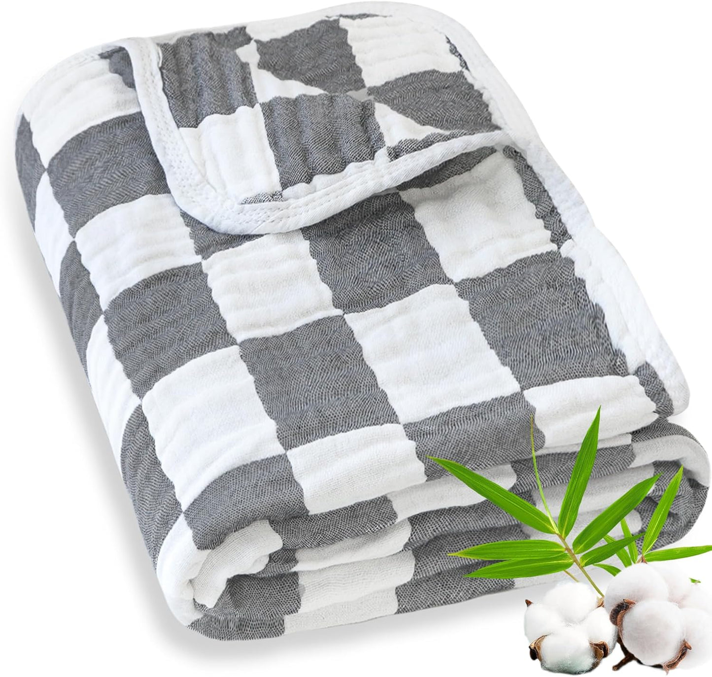 Muslin Swaddle Blankets for Baby Boys or Girls Breathable and Skin-Friendly 6 Layers Gauze Receiving Blankets Grey Chessboard 43 x 43 Inches