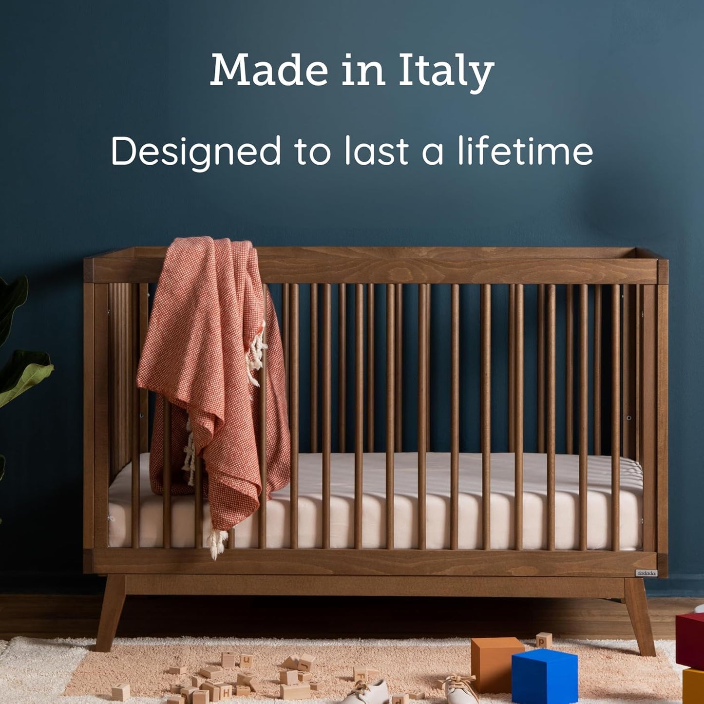 dadada Baby Soho 3-in-1 Convertible Wooden Crib to Toddler Bed - Made in Italy, GREENGUARD Gold Certified, Baby-Safe Finish, Sustainable Beech Wood, Modern Design, 3 Adjustable Heights (Walnut)