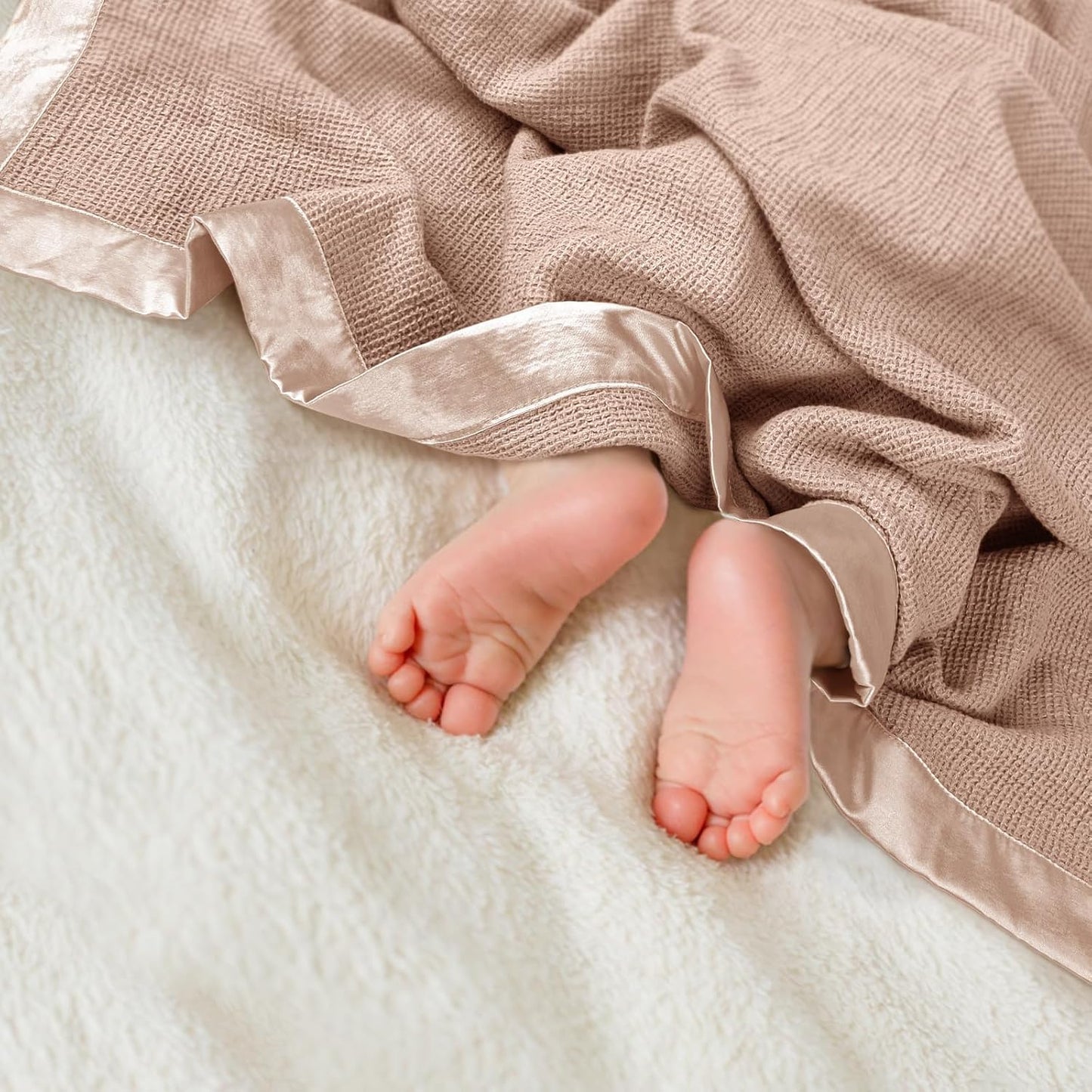 lulumoon Swaddle Baby Blanket: Waffle Blanket with Satin Trim - Breathable Toddler Blankets Perfect for Nursing Cover and Playtime - Cotton Crib Quilt for Daytime Naps 40"x36"(Dusty Rose)