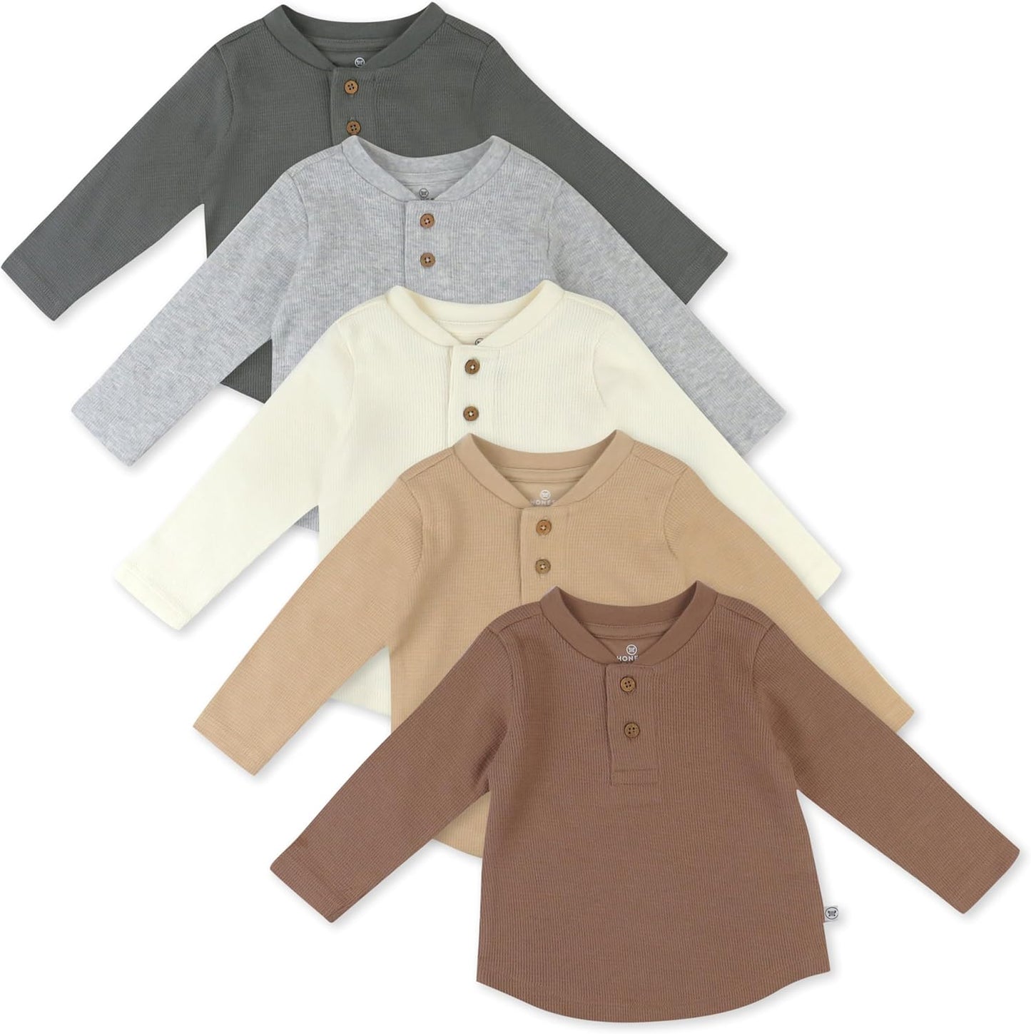 HonestBaby 5-pack Waffle Henley Long Sleeve Shirts 100% Organic Cotton for Infant Baby and Toddler Boys, Unisex
