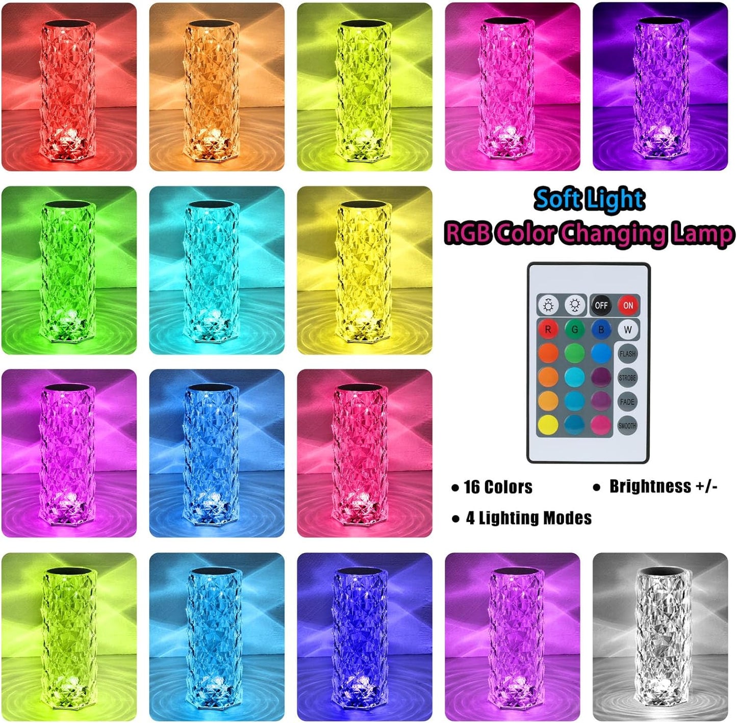 VoMii Crystal Lamp Touch, RGB 16 Colors Changing Night Light, Rechargeable Crystal Table Lamp Bedside Lamp, Rose Wave Diamond Night Light, Ambient Lighting for Bedroom/Game Room/Dinner/Living Room