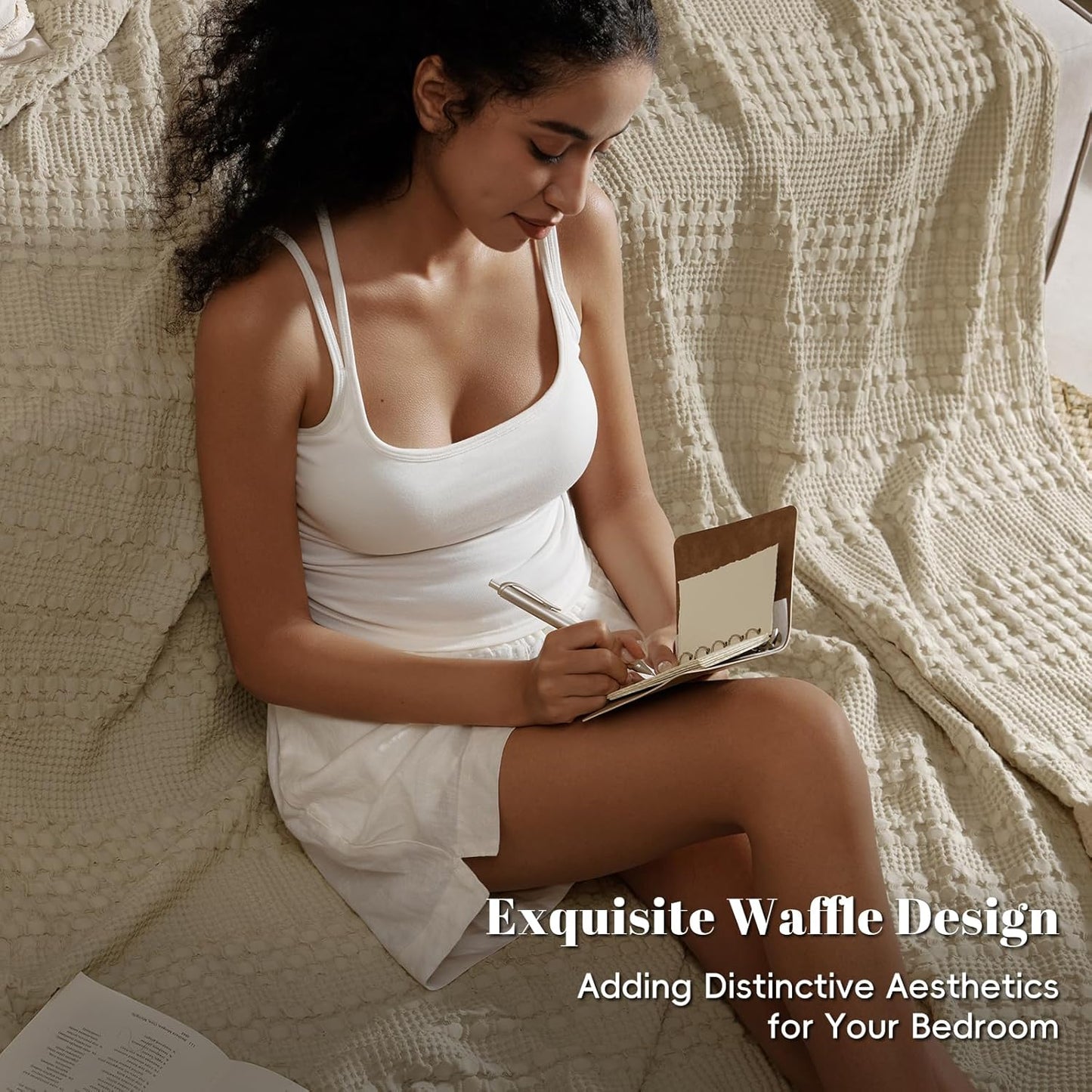 PHF 100% Cotton Waffle Weave Blanket King Size, Soft Lightweight Breathable Cozy Summer Blankets for Bed, Luxury Aesthetic Woven Bedding for Home Decor, 108"x90", Khaki