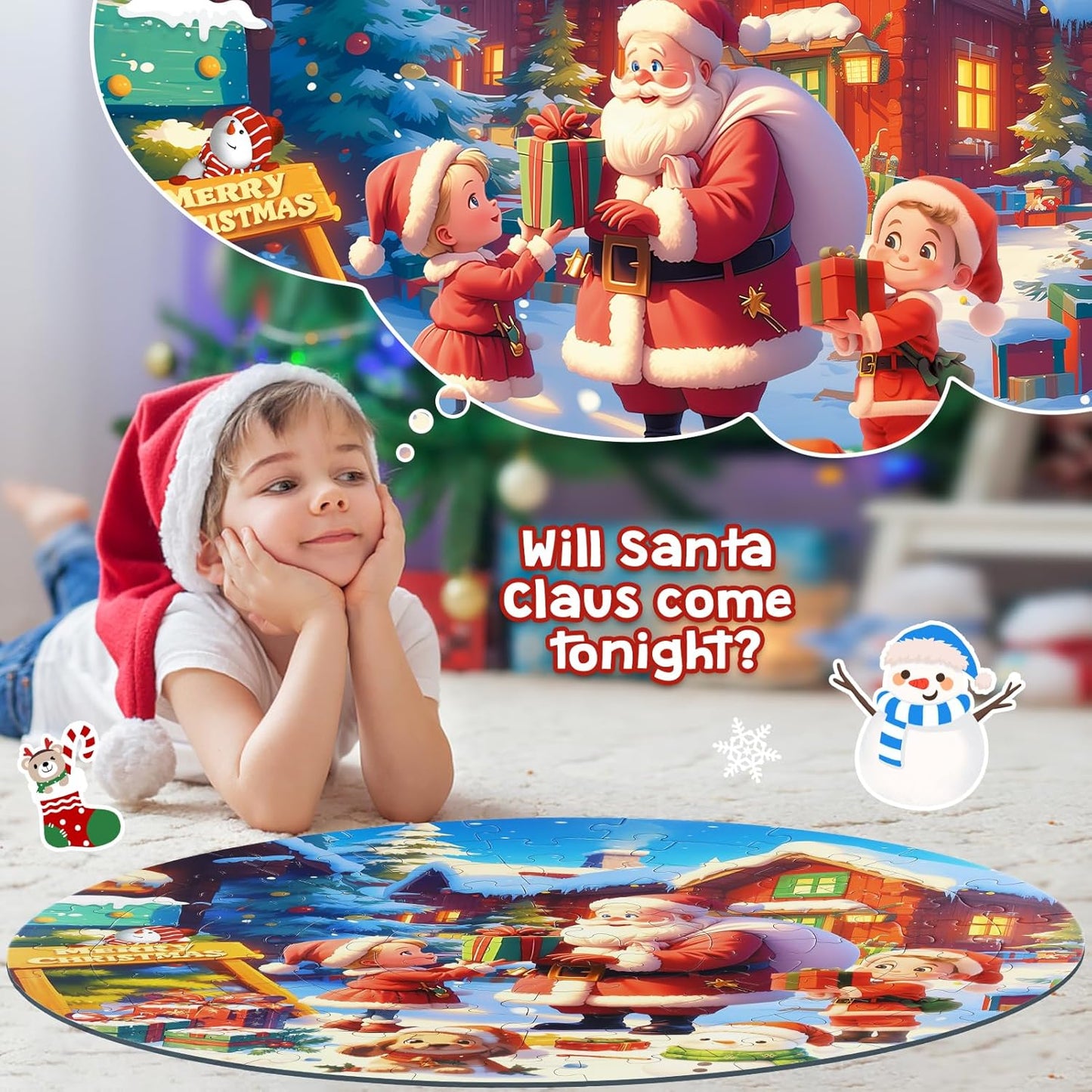 Christmas Puzzles for Kids Ages 4-6, Kids Puzzles with Santa Claus & Snowman,70 Piece Round Large Floor Puzzles for Kids Ages 3 4 5 6 7 8, Educational Toy Gift Jigsaw Puzzles for 5 Year Old Boys Girls