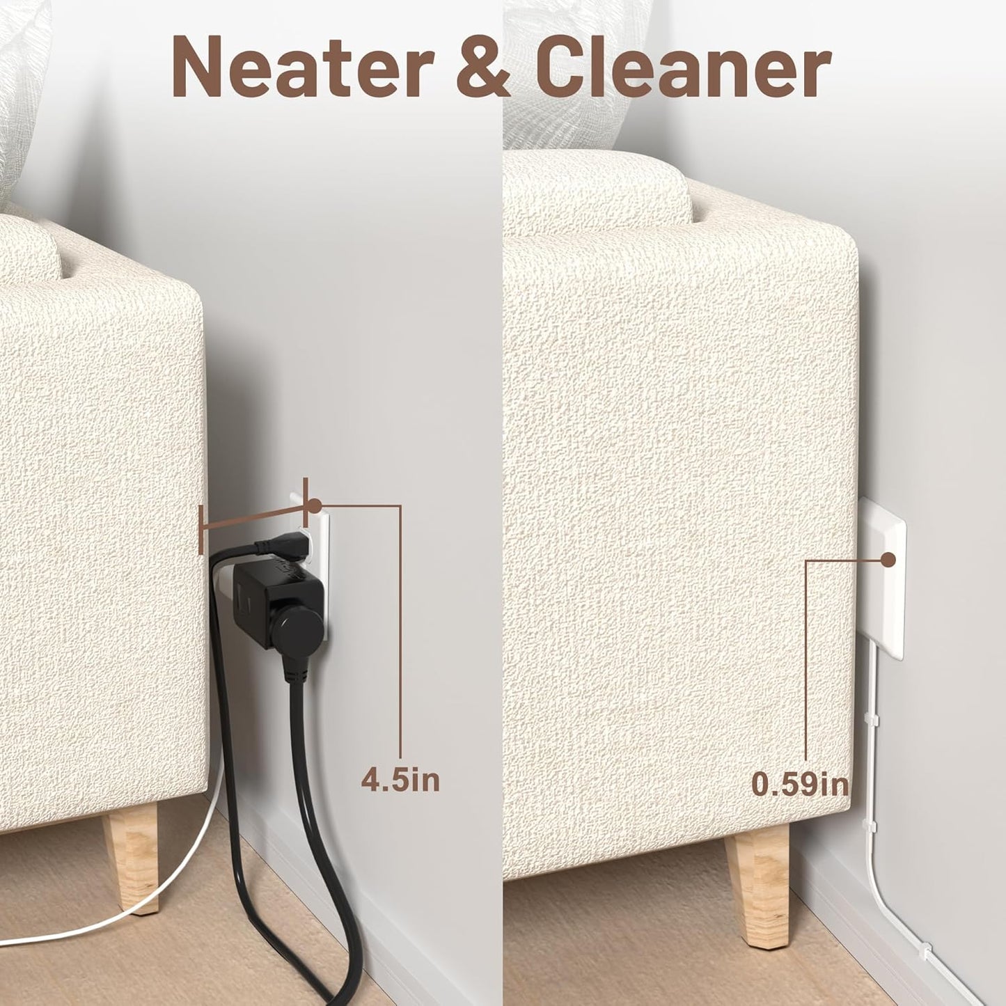 5FT Flat Extension Cord Ultra Thin Outlet Concealer with Cord Concealer Kit,Flat Outlet Extender with 3 Outlet Power Strip,Universal Size Flat Plug Power Strip for Home,ETL Listed,White