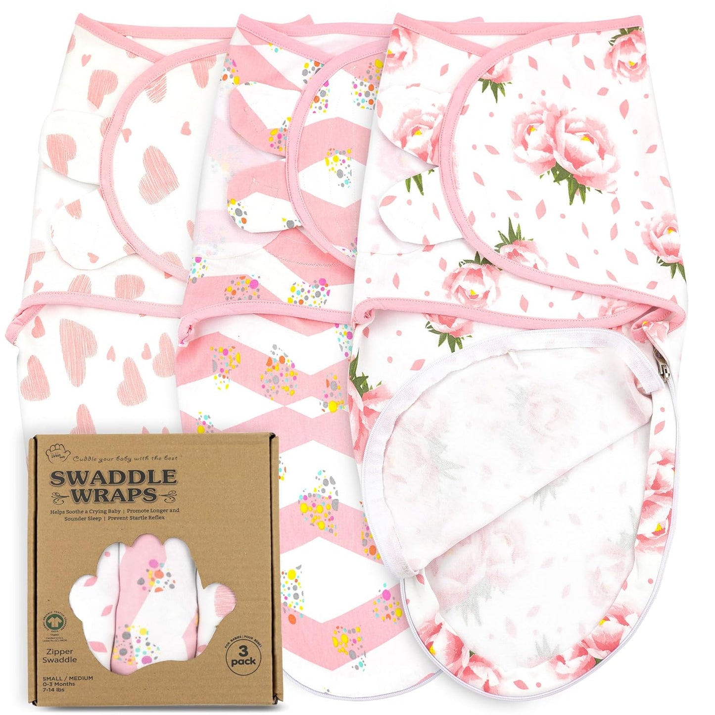 Bublo Baby Swaddles for Newborns – Zipper Swaddles 0-3 Months, 3-Pack – Organic Infant Sleep Sack with Zipper – Adjustable & Breathable Swaddle Blanket Wrap for Newborn Girls (Pink Floral)