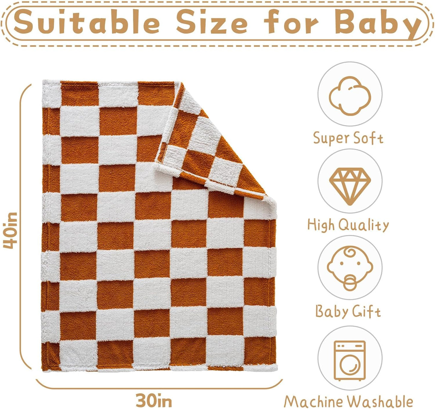Fleece Baby Blanket for Boys 3D Checkerboard Design, Warm Cozy and Fluffy Infant Newborn Toddler Small Receiving Blankets for Crib Stroller, 30x40 Inches, Brown
