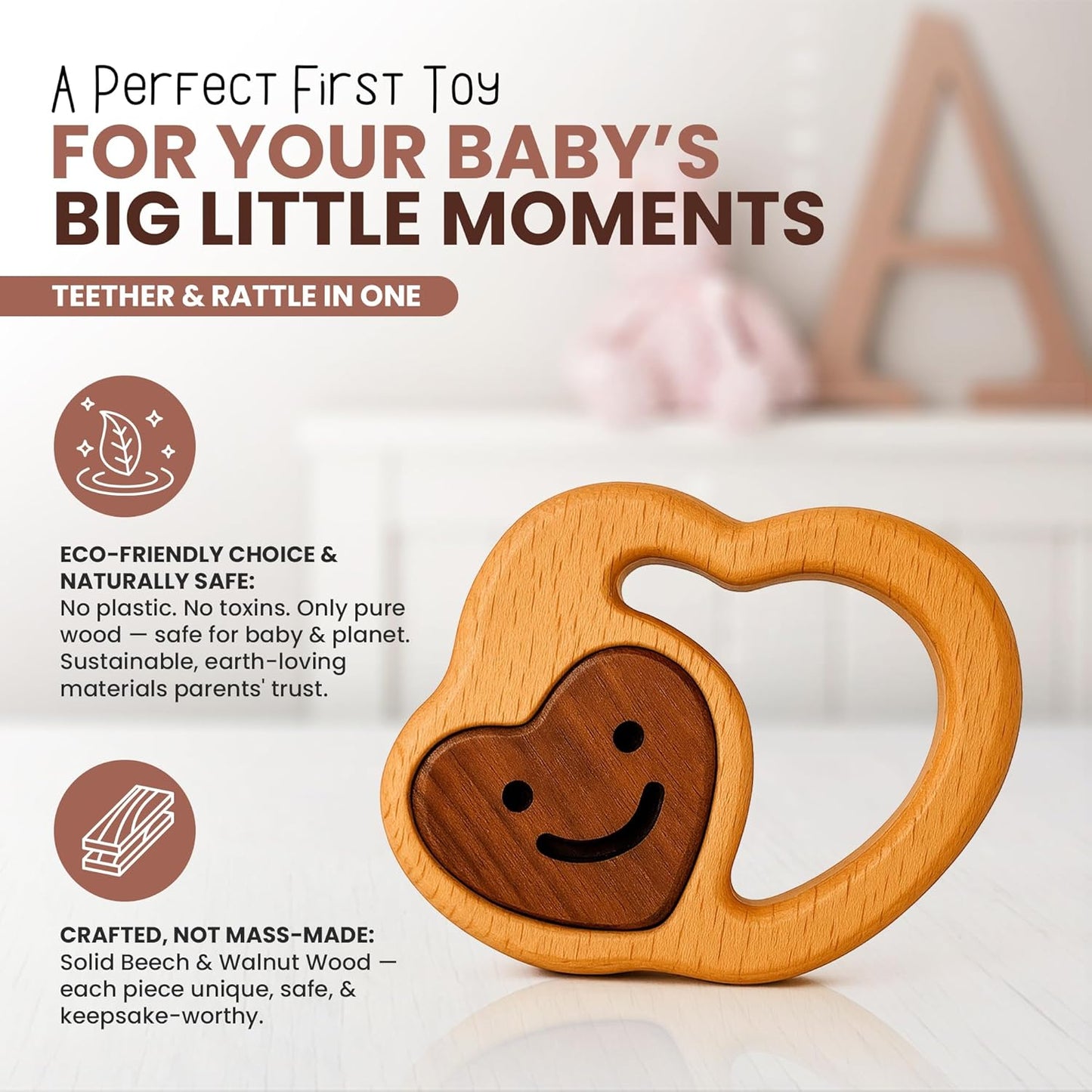 Baby Essentials – Wooden Teething Toy for 3–6 Months | Natural Baby Rattle | Safe Toys for Newborns