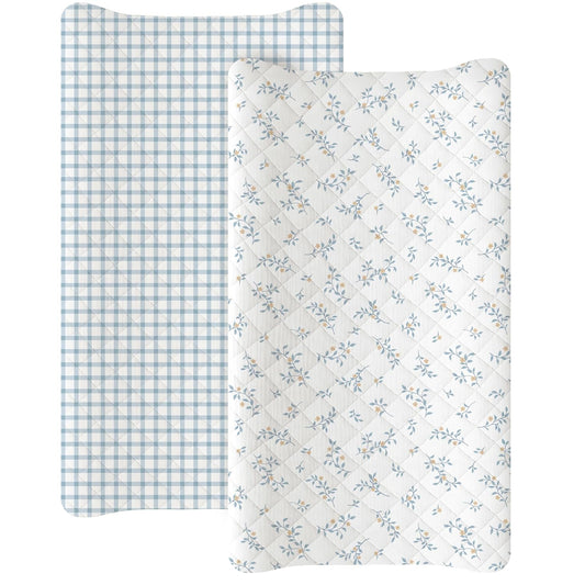 Konssy Waterproof Muslin Changing Pad Cover 2 Pack, Quilted Cotton Fitted Diaper Changing Table Cover, Soft Changing Pad Sheets for Girls Boys (Blue Gingham Blossom)