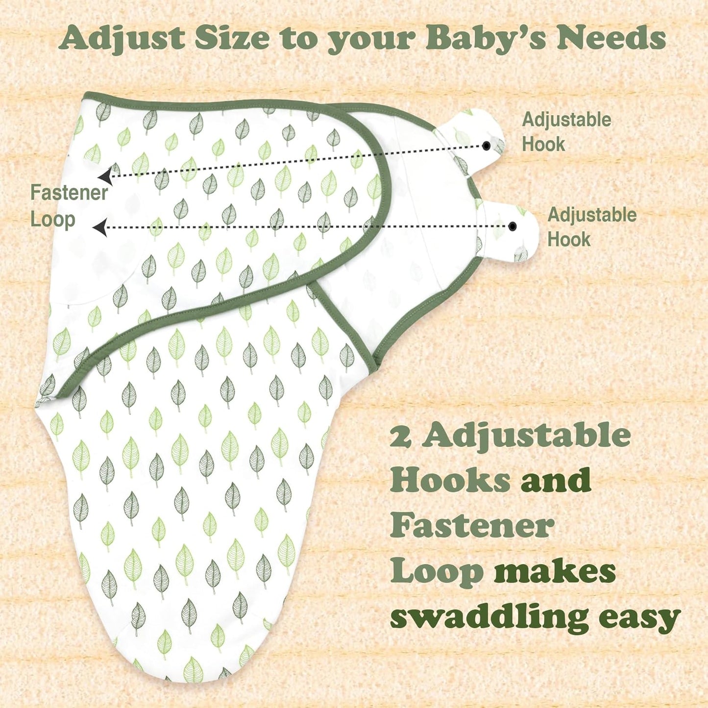 Bublo Baby Swaddles for Newborns – 3-Pack Infant Swaddles 0-3 Months – Adjustable Swaddle Sleep Sack – Soft Organic Cotton Baby Wrap for Safe & Cozy Sleep (Green Leaf)