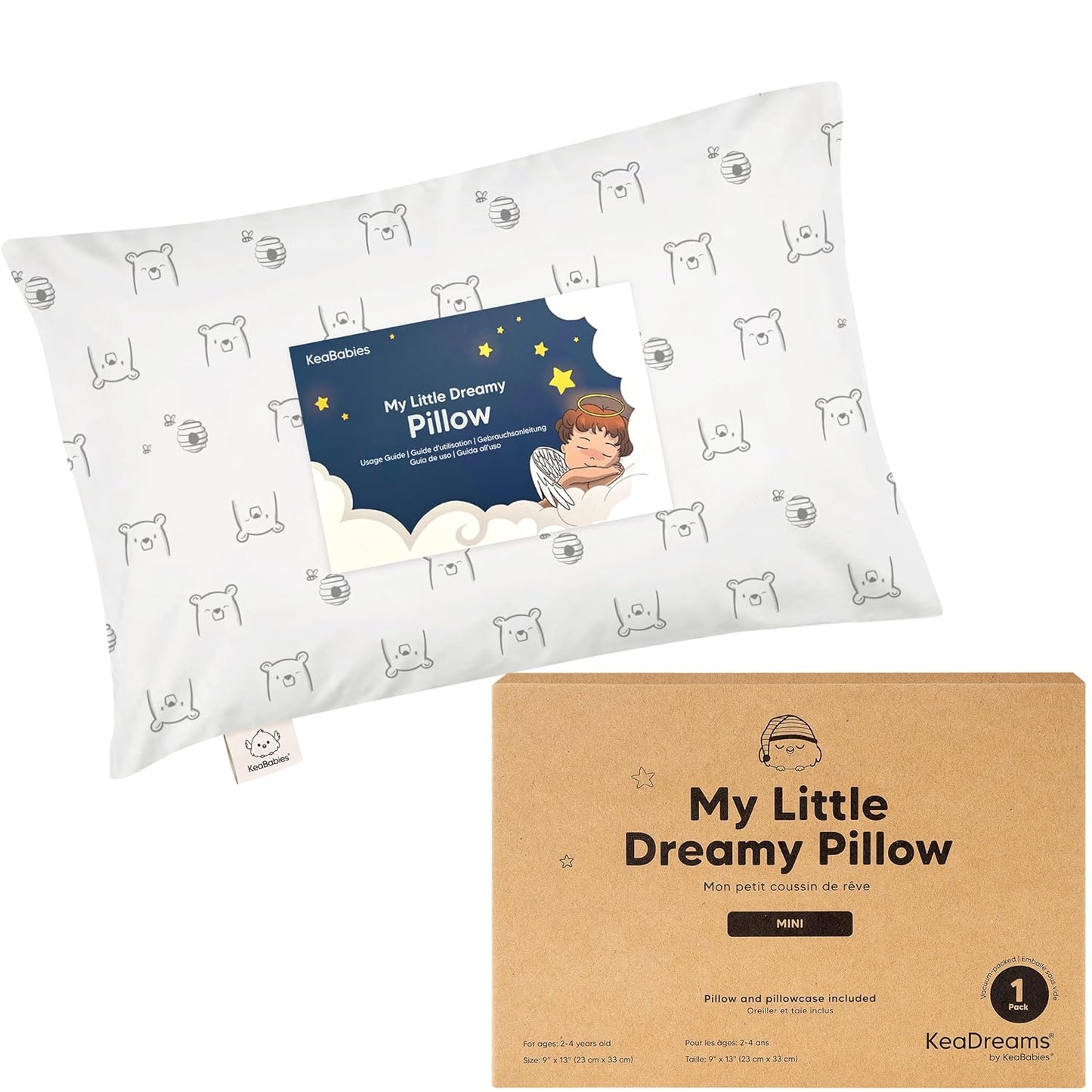Mini Toddler Pillow with Pillowcase - 9x13 My Little Dreamy Travel Kids Pillow for Sleeping, Toddler Bed, Small, Tiny, Organic Cotton Pillowcase, Soft & Breathable, Kids 2-4 Years Old(Bumble Bear)