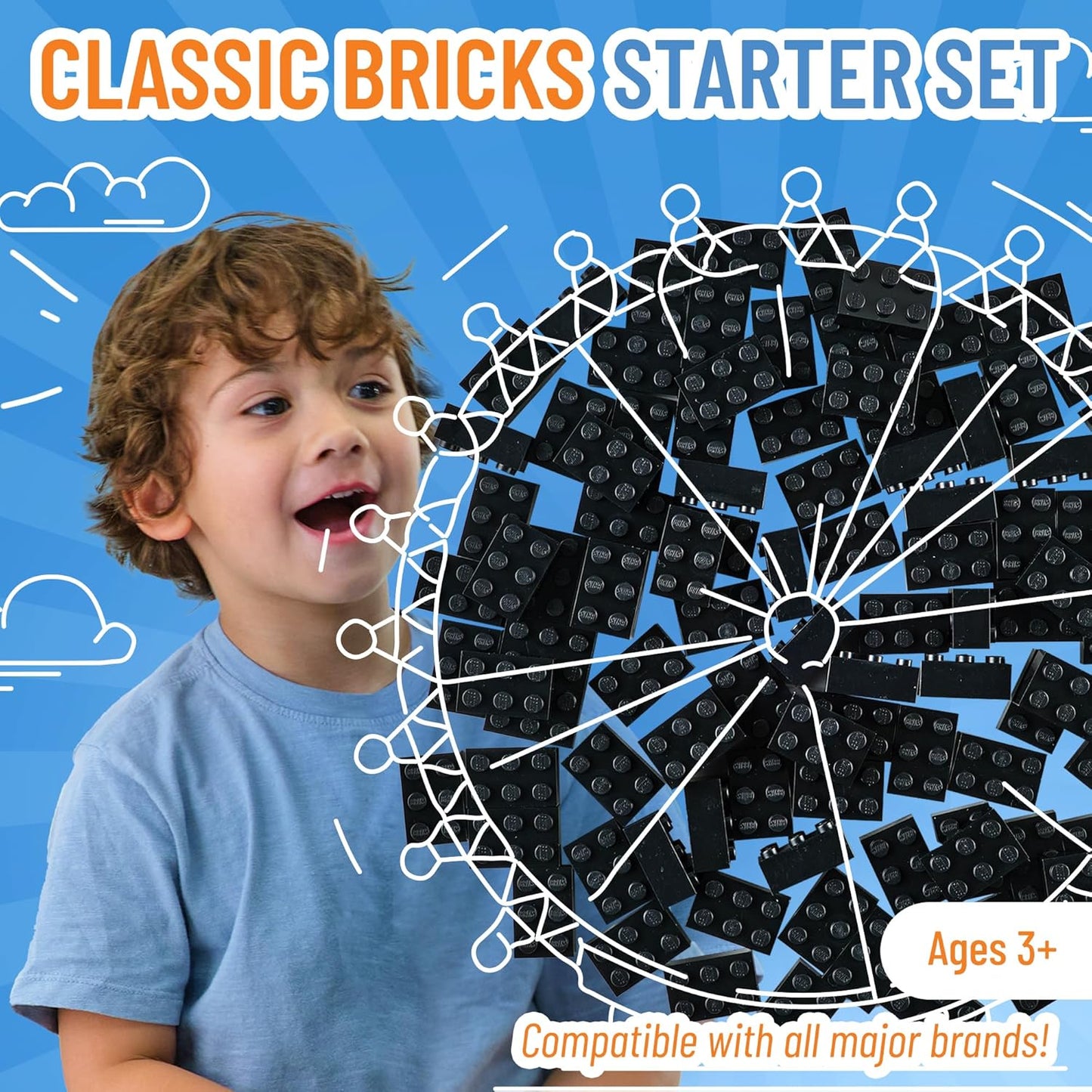 Strictly Briks Classic Bricks Starter Kit, Black, 96 Pieces, 2x3 Studs, Building Creative Play Set for Ages 3 and Up, 100% Compatible with All Major Brick Brands