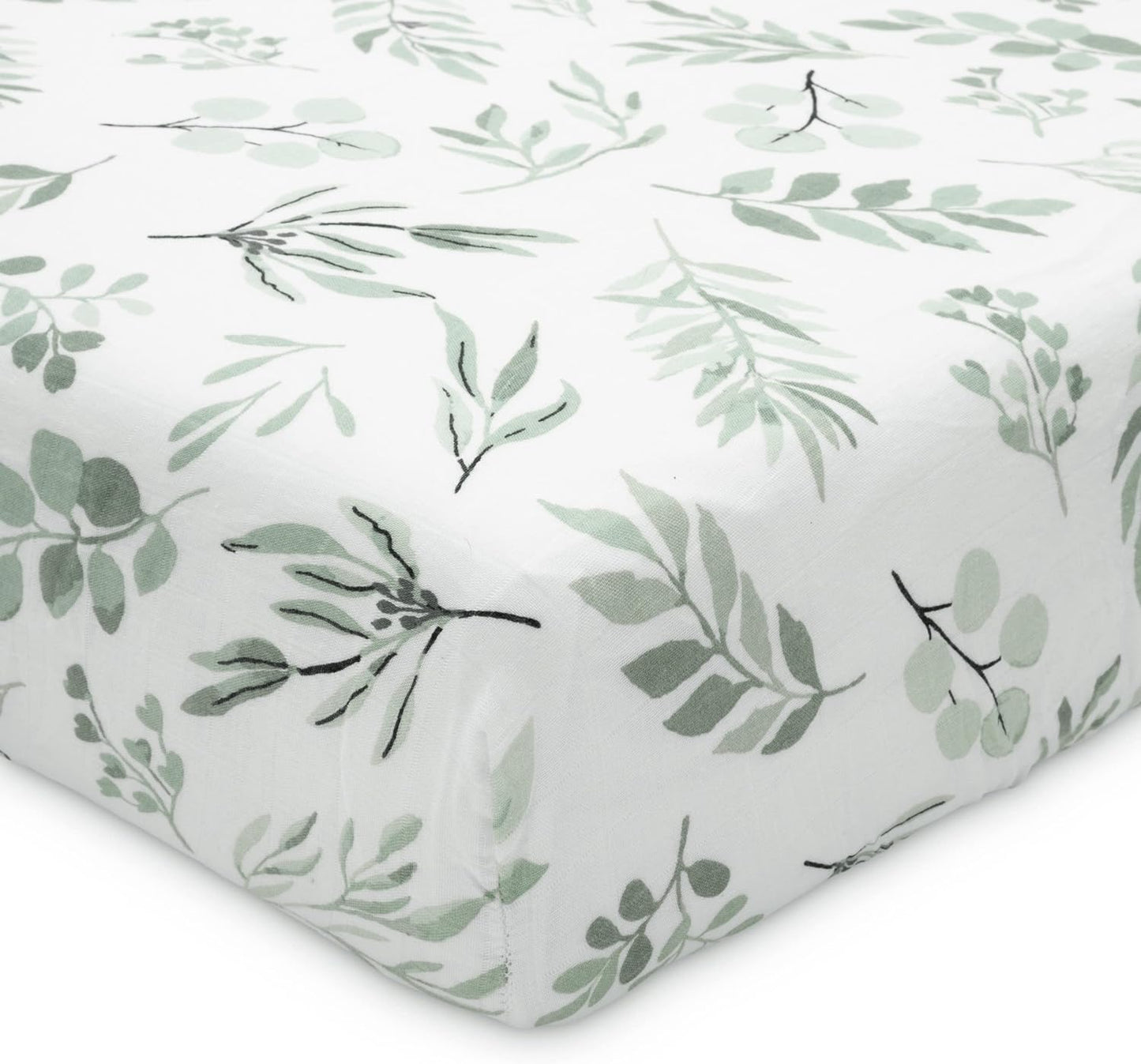 Organic Muslin Fitted Crib Sheet - Organic Crib Sheet for Standard Crib and Toddler Mattresses, Soft and Breathable, Eucalyptus Leaves, 28”x52”